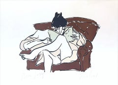 Vintage WOMAN READING Signed Lithograph, Seated Woman in Pink Robe Brown Armchair, Book