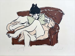 WOMAN READING Signed Lithograph, Seated Woman in Pink Robe Brown Armchair, Book
