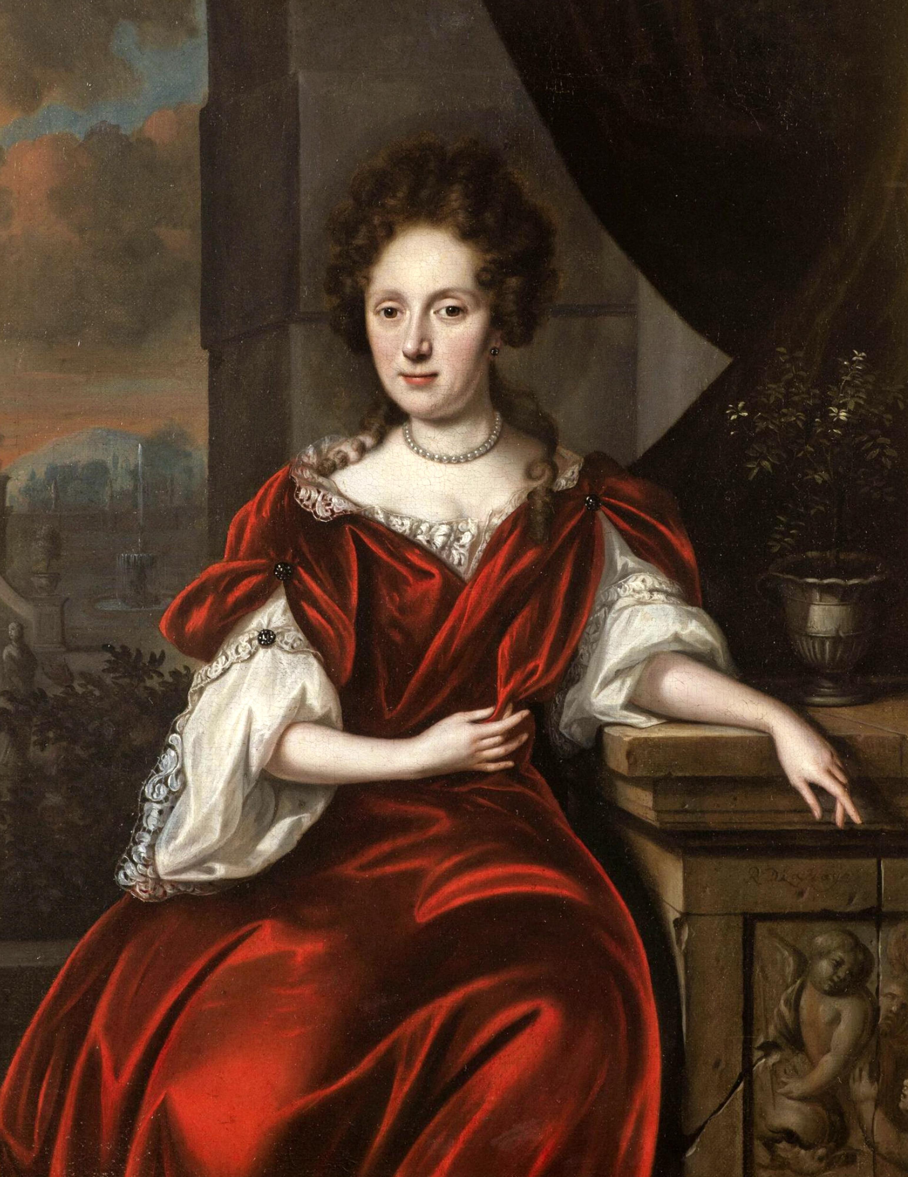 Reinier de la Haye (1640-1695) - PORTRAIT EINER DAME VOR EINEM PARK LANDSCHAFT Signiert R. de la Haye rechts auf dem Architektursockel. Sitzende Figur einer edlen Dame, in Rot gekleidet, mit reichem Schmuck, eine Hand auf einer Balustrade ruhend,