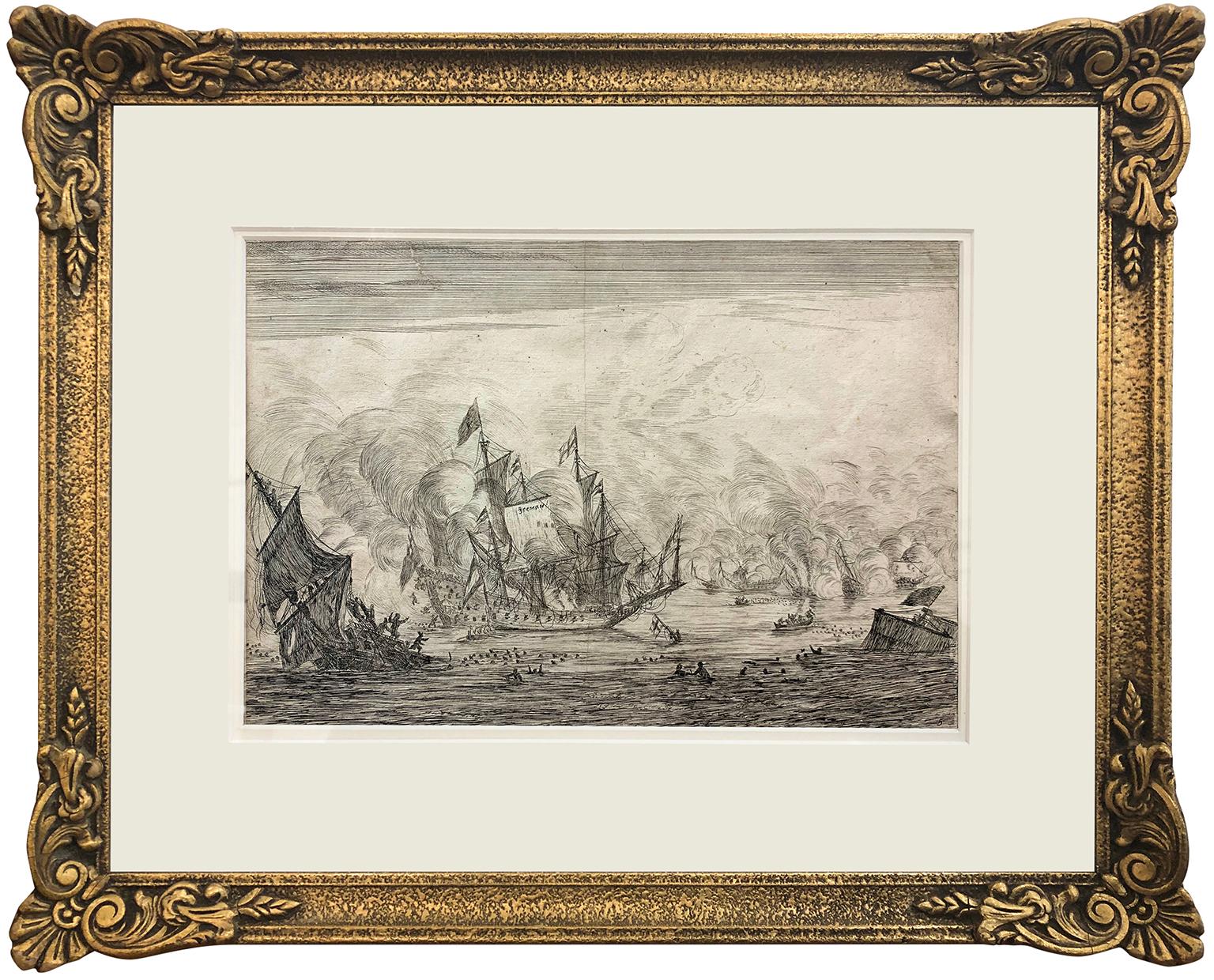   Navel Battle with an English Ship. Foundering on the Left, from Naval Battle - Print by Reinier Nooms Zeeman