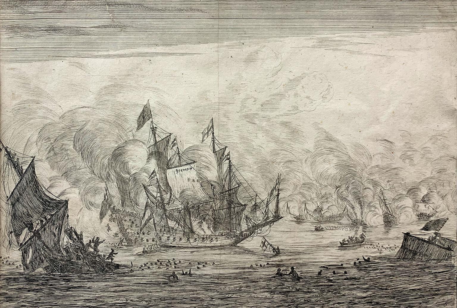 Reinier Nooms Zeeman Landscape Print -   Navel Battle with an English Ship. Foundering on the Left, from Naval Battle