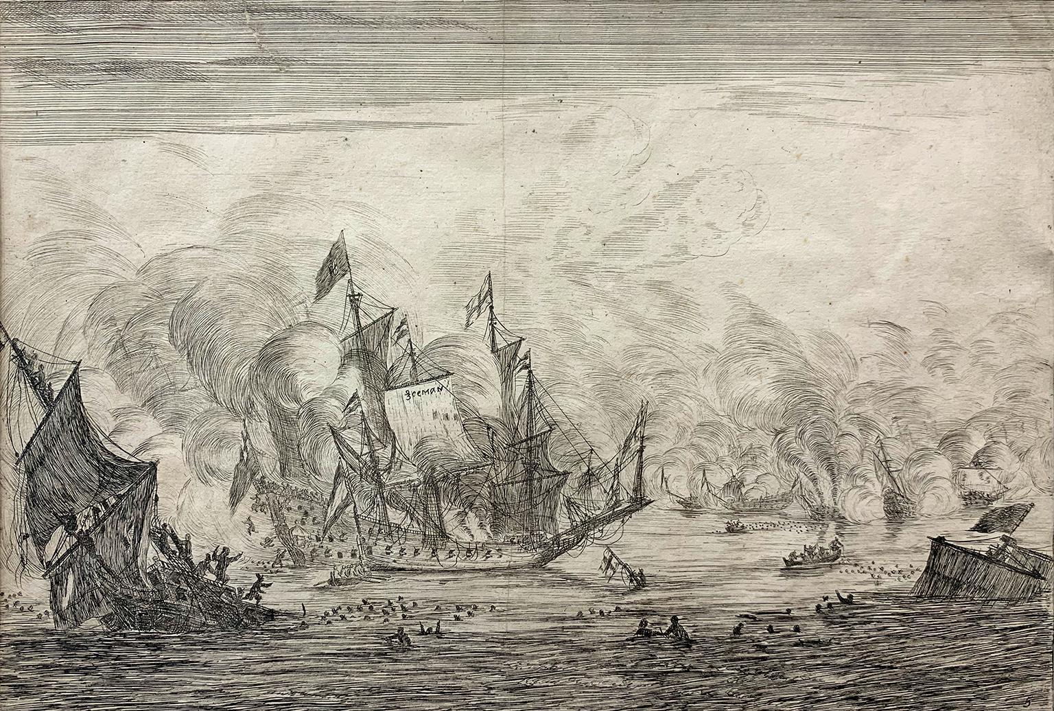 Reinier Nooms Zeeman Landscape Print - Navel Battle with an English Ship. Foundering on the Left, from Naval Battle