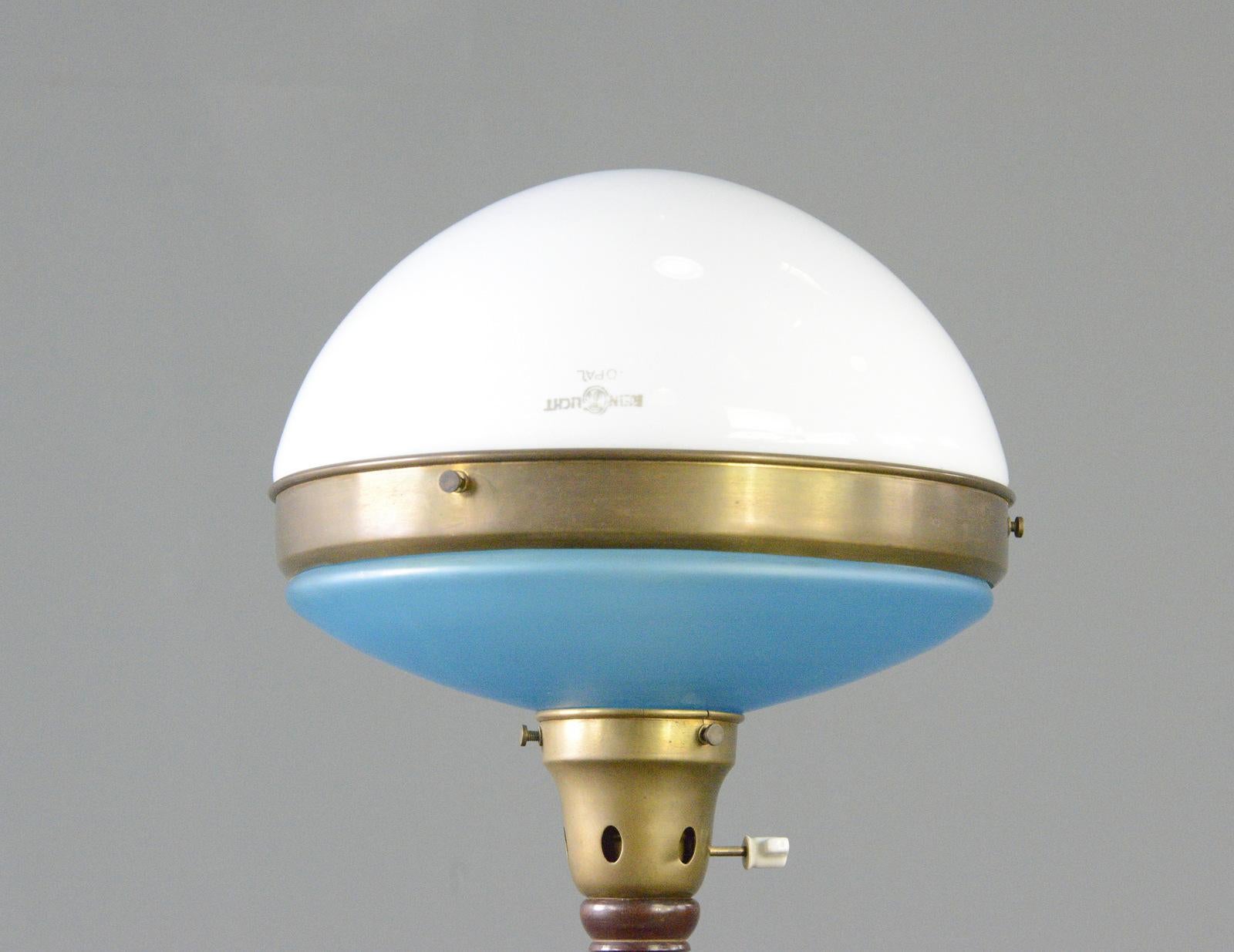 Reinlicht Table Lamp Circa 1920s

- Opaline and blue glass shade
- Brass and mahogany stand
- Original white porcelain On/Off switch 
- Takes E27 fitting bulbs
- Produced by Reinlicht, Munich
- German ~ Early 1920s
- 46cm tall x 26cm wide x 26cm