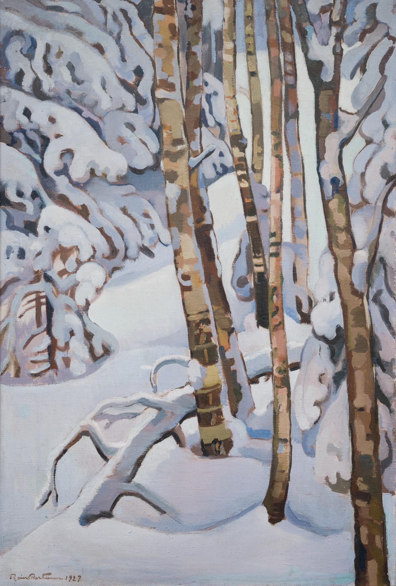 Bouleaux et épicéas chargés de neige, 1927 - Painting de Reino Partanen 