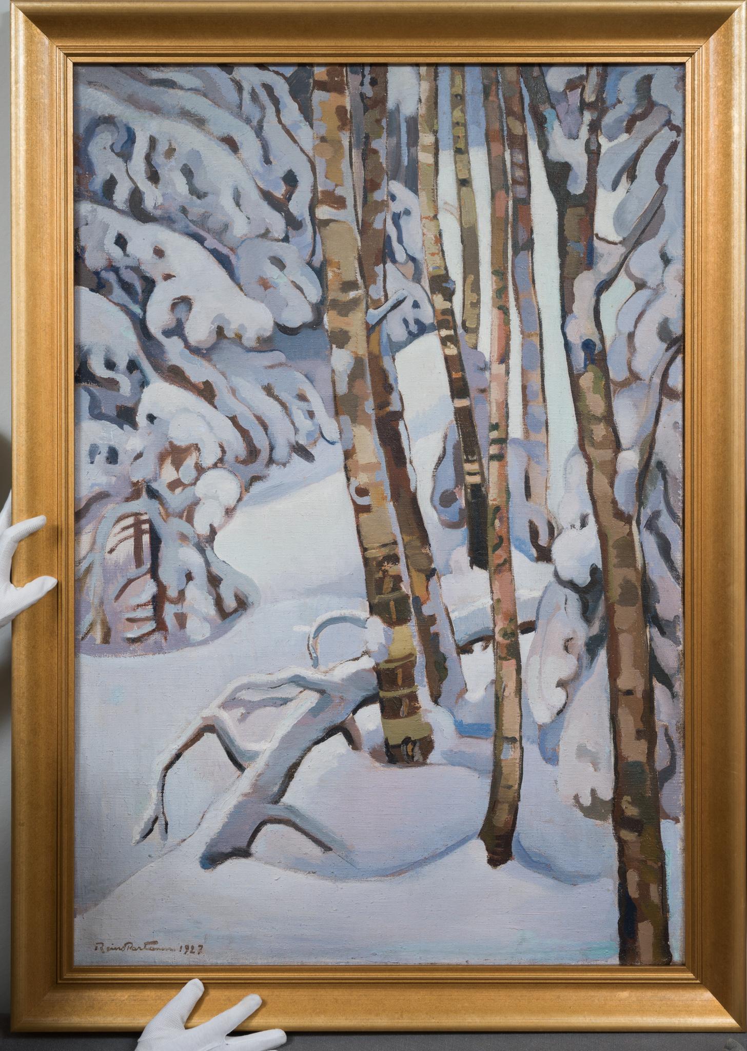 Bouleaux et épicéas chargés de neige, 1927 - Post-impressionnisme Painting par Reino Partanen 