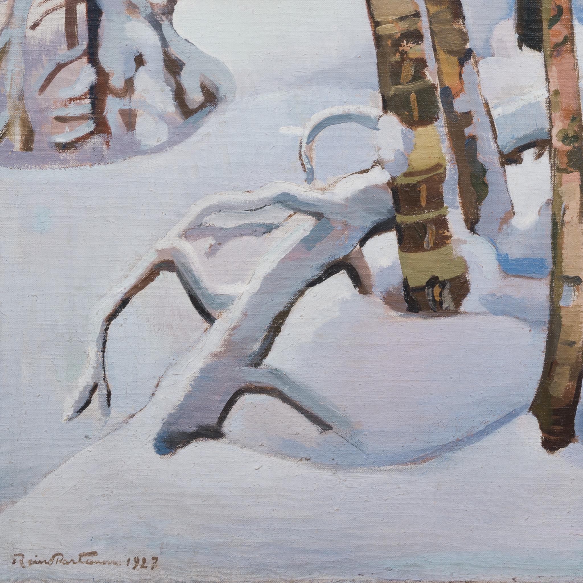 Nous avons le plaisir de proposer une peinture exquise de l'artiste finlandais Reino Partanen (1889-1972), intitulée Bouleaux et épicéas chargés de neige. Créée en 1927, cette œuvre impressionnante mesure 126 x 86 cm et représente une scène de forêt