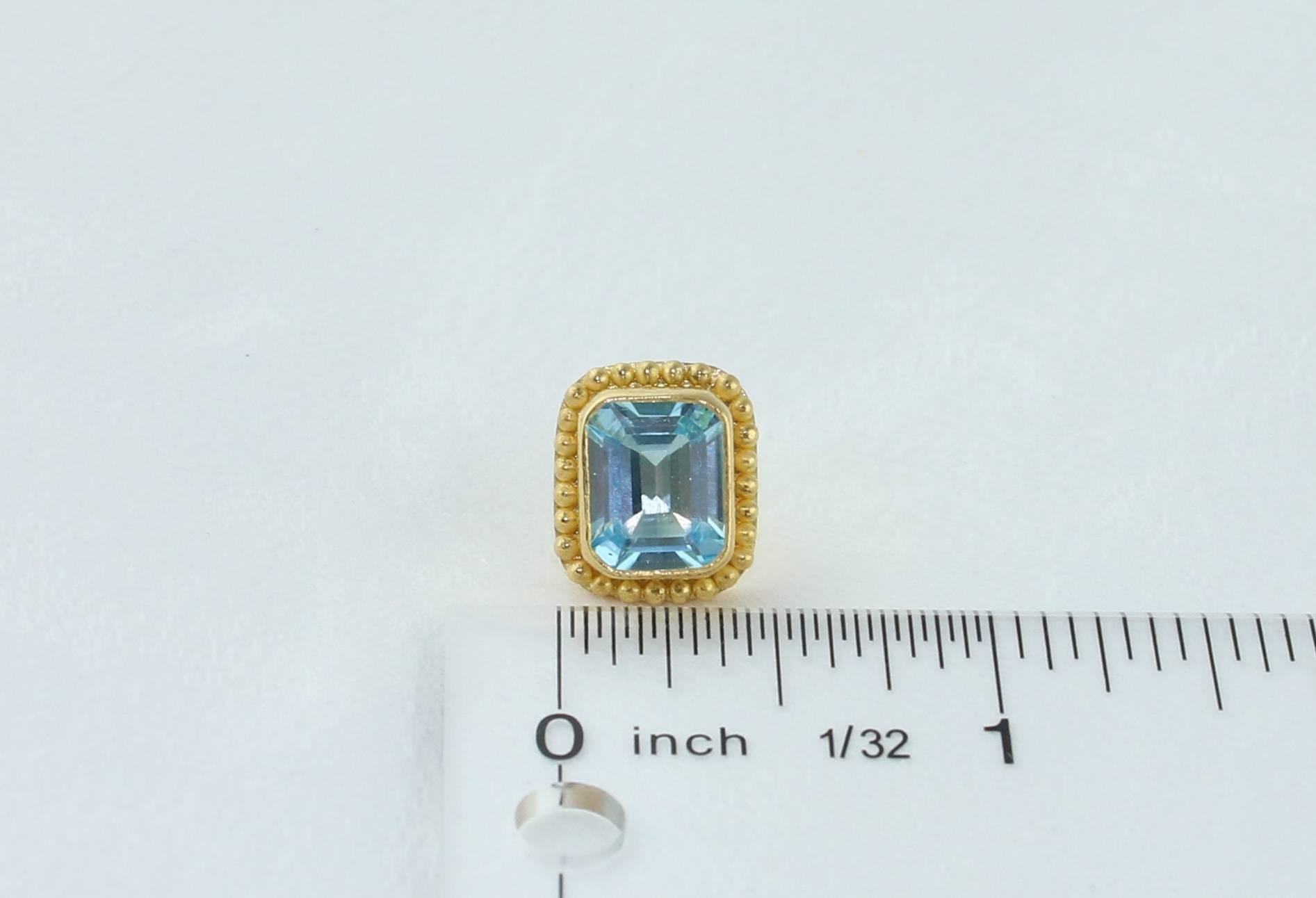 Emerald Cut Reinstein Ross Classic 11.00 Carat Blue Topaz and Apricot Gold Stud Earrings For Sale