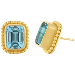 Reinstein Ross Classic 11.00 Carat Blue Topaz and Apricot Gold Stud Earrings