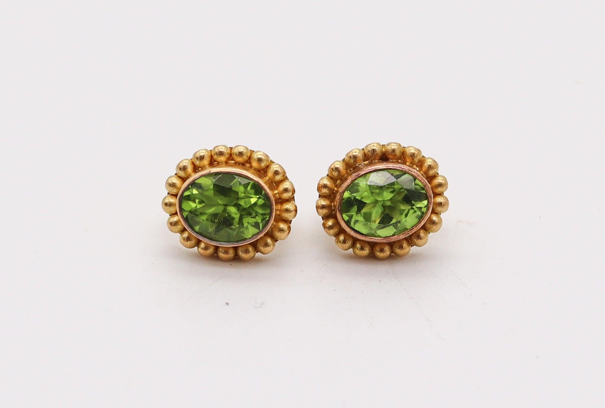 Etruscan Revival REINSTEIN ROSS Clips-On Earrings In Brushed 20Kt Yellow Gold With Vivid Peridots For Sale
