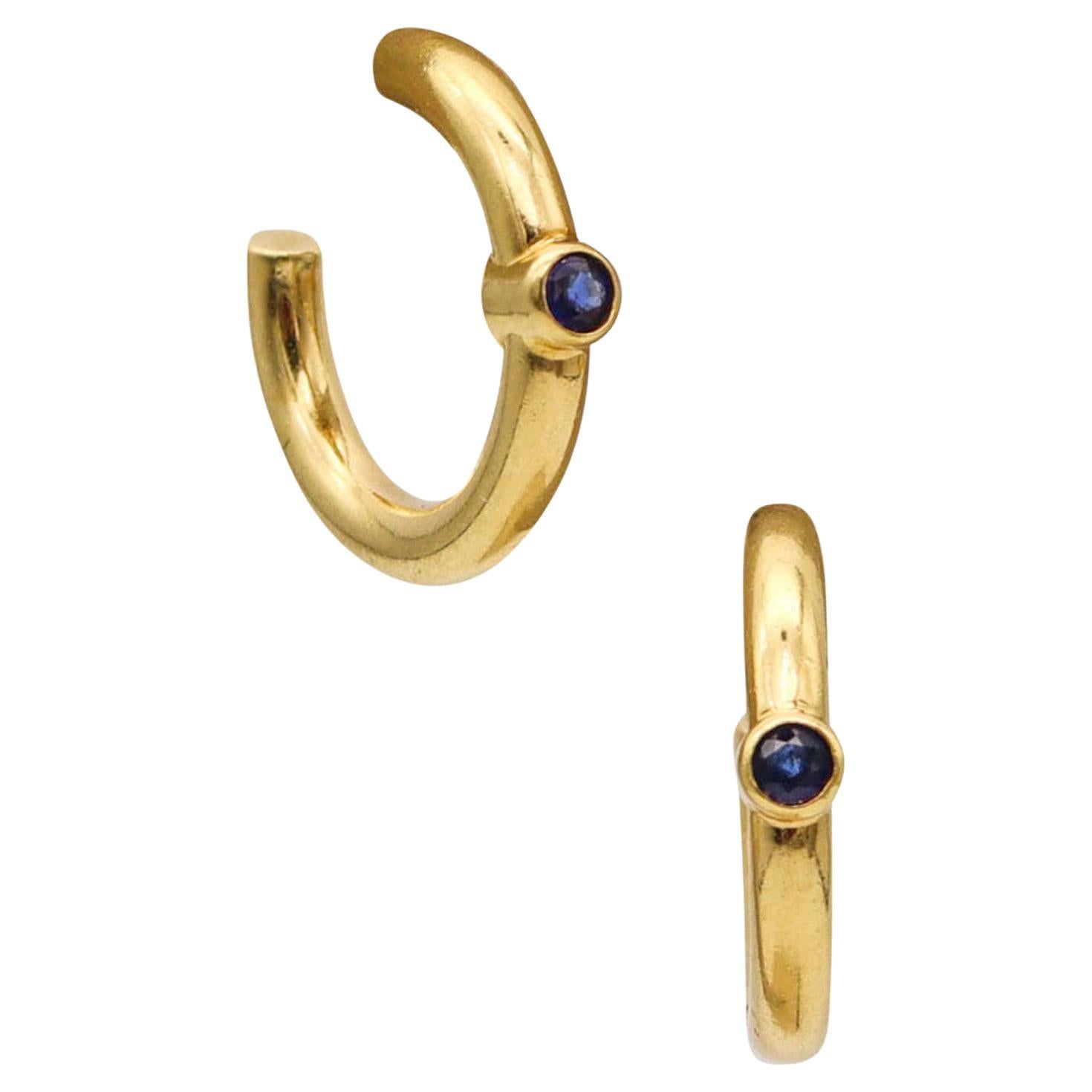 Reinstein Ross Hoops Earrings In Brushed 18Kt Yellow Gold With Blue Sapphires For Sale