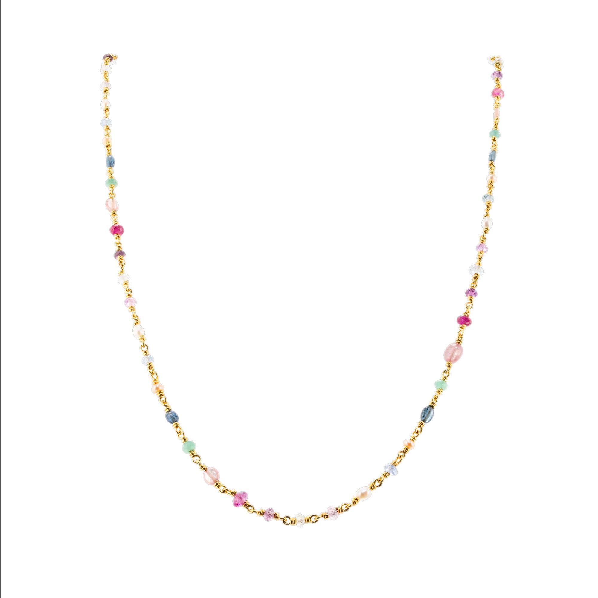 Reinstein Ross multi-stone Ruby, Sapphire, Amethyst, Emerald and pearl Yellow Gold Bead Necklace. 22k yellow gold. 

46 ruby, sapphire, amethyst, emerald stones 
11 2.7-2.8mm Pearls 
22k yellow gold 
Stamped: 22k
Hallmark: R/R Reinstein Ross
9.7