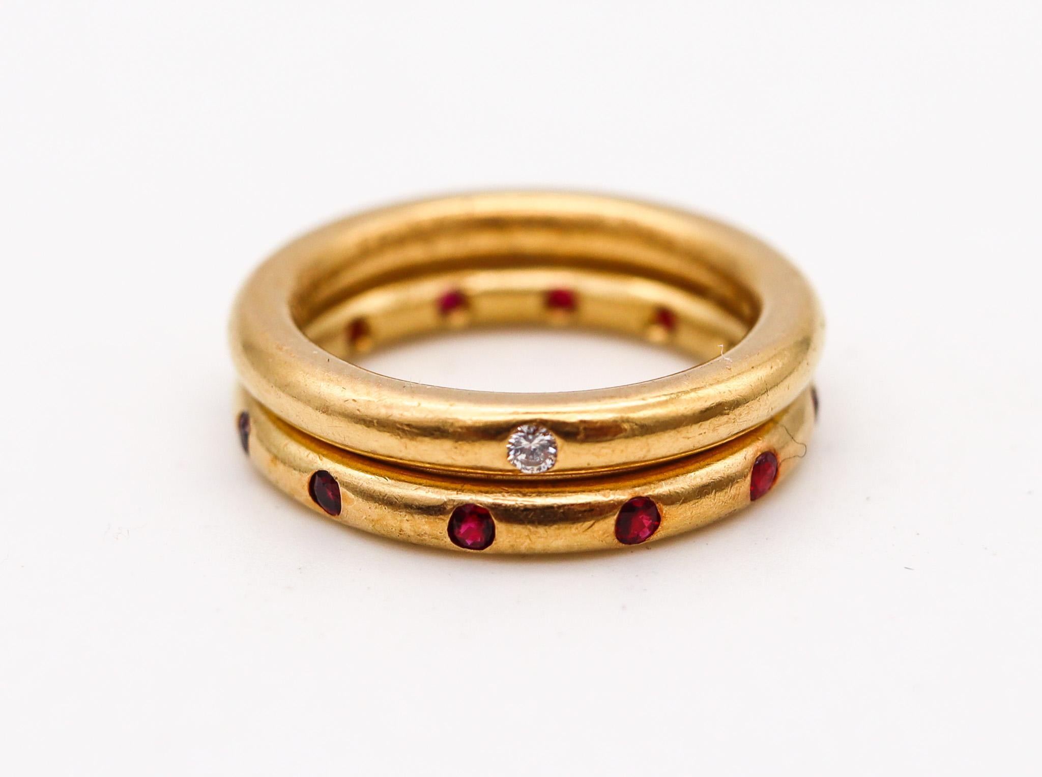 Revival Reinstein Ross Stackable Duo Rings In 22Kt Yellow Gold With Rubies and a Diamond For Sale
