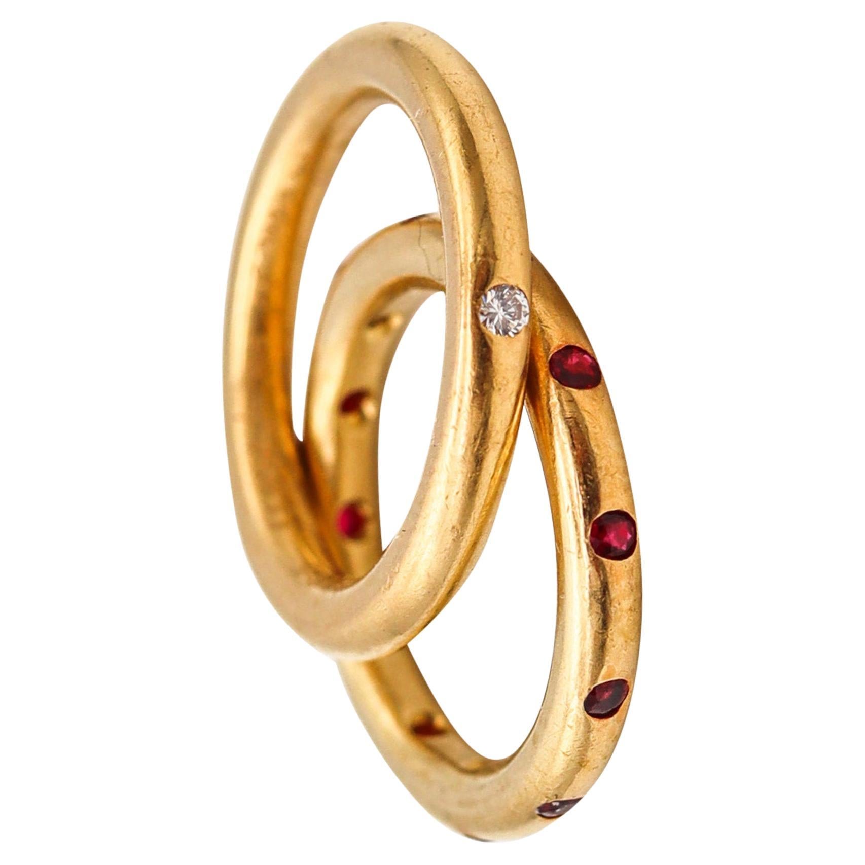 Reinstein Ross Stackable Duo Rings In 22Kt Yellow Gold With Rubies and a Diamond For Sale