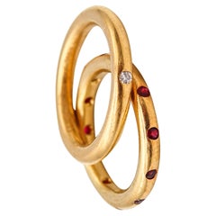 Vintage Reinstein Ross Stackable Duo Rings In 22Kt Yellow Gold With Rubies and a Diamond
