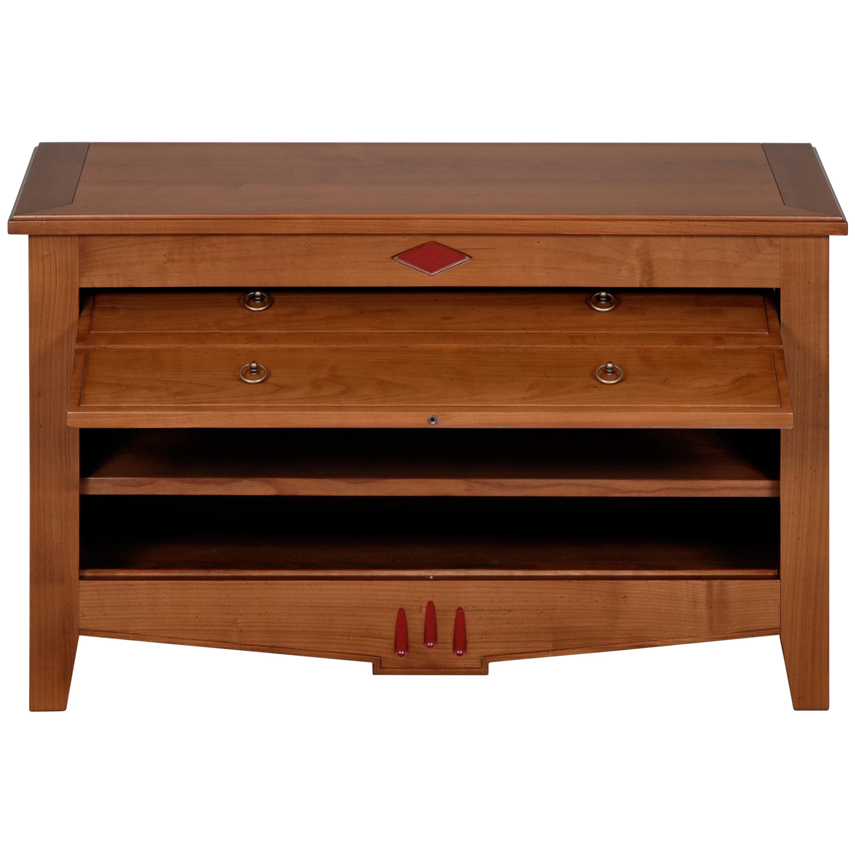 Reinterpreted Directoire Style TV Stand in Solid Cherry with a Garage Door For Sale