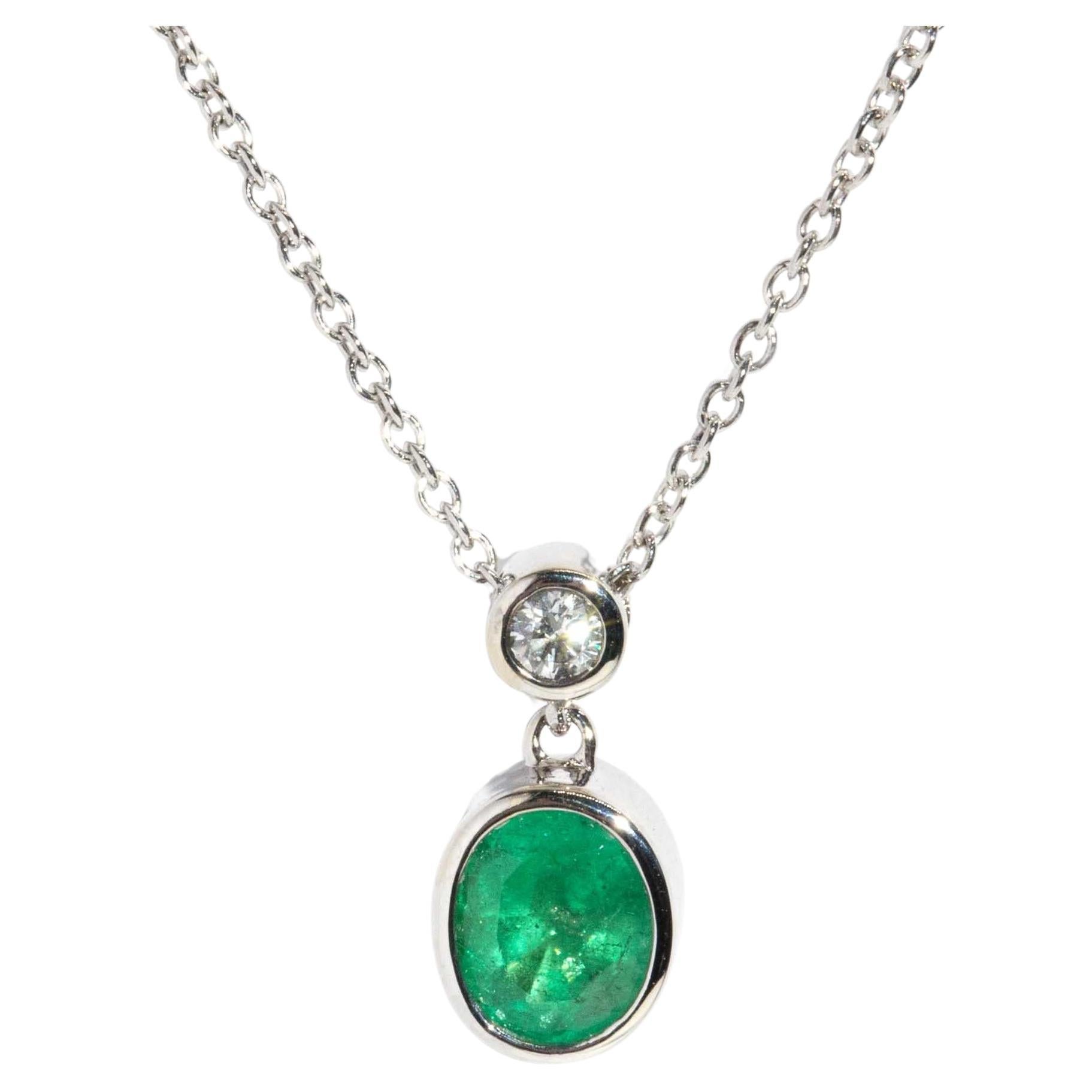 Reinvented 0.70 Carat Natural Emerald & Diamond Necklet 18 Carat White Gold