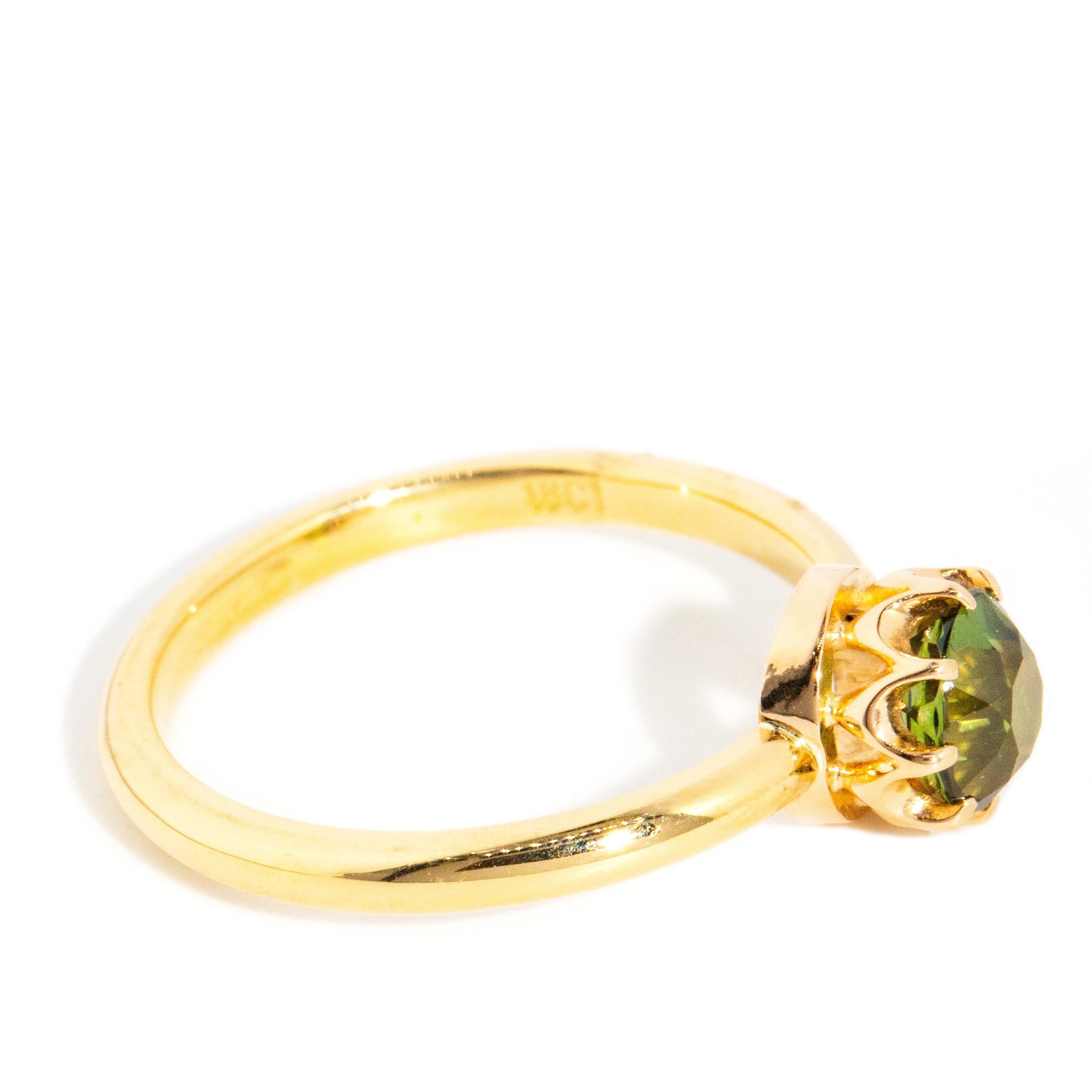 Women's Reinvented 1.27 Carat Green Oval Sapphire Solitaire Ring 18 Carat Yellow Gold For Sale