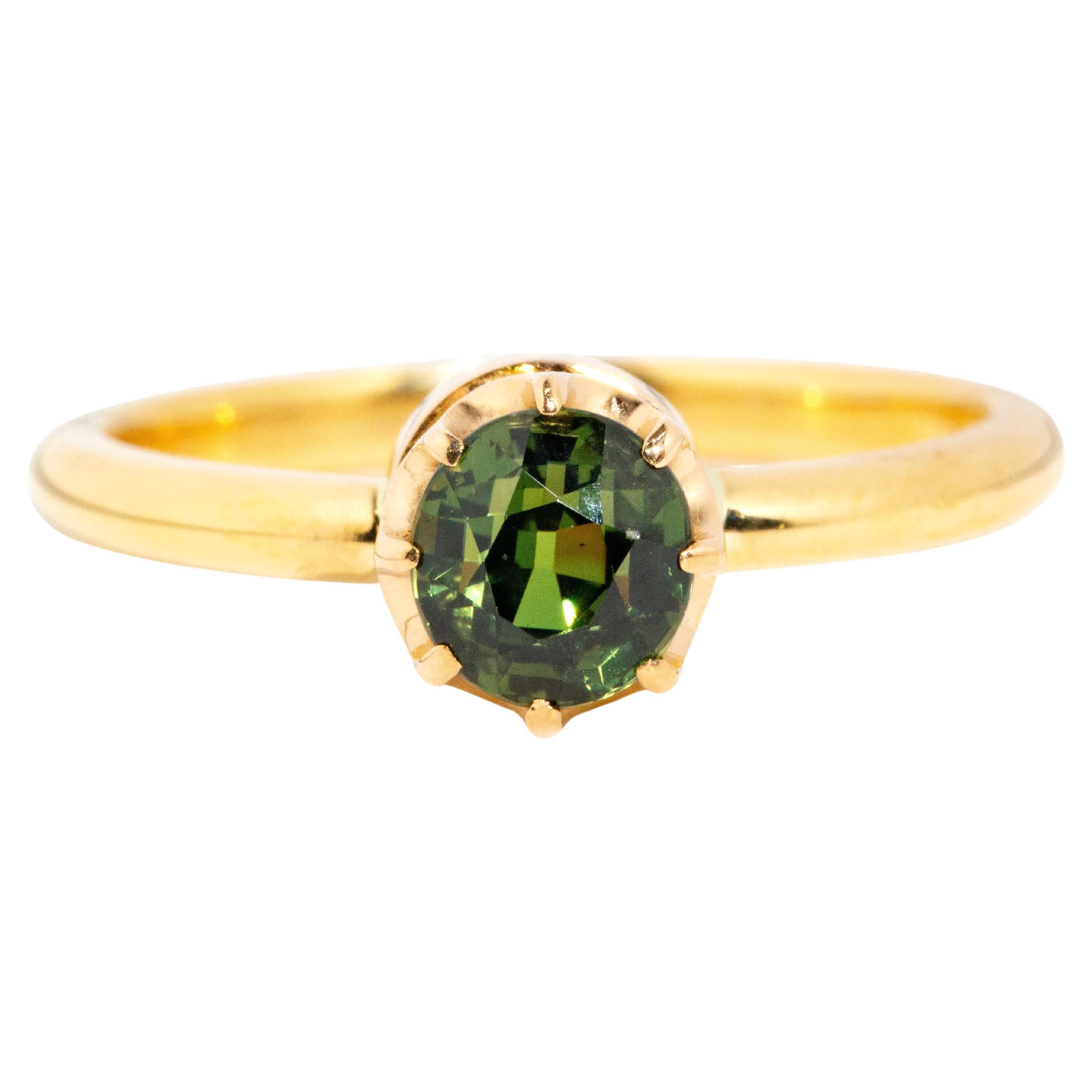 Reinvented 1.27 Carat Green Oval Sapphire Solitaire Ring 18 Carat Yellow Gold For Sale