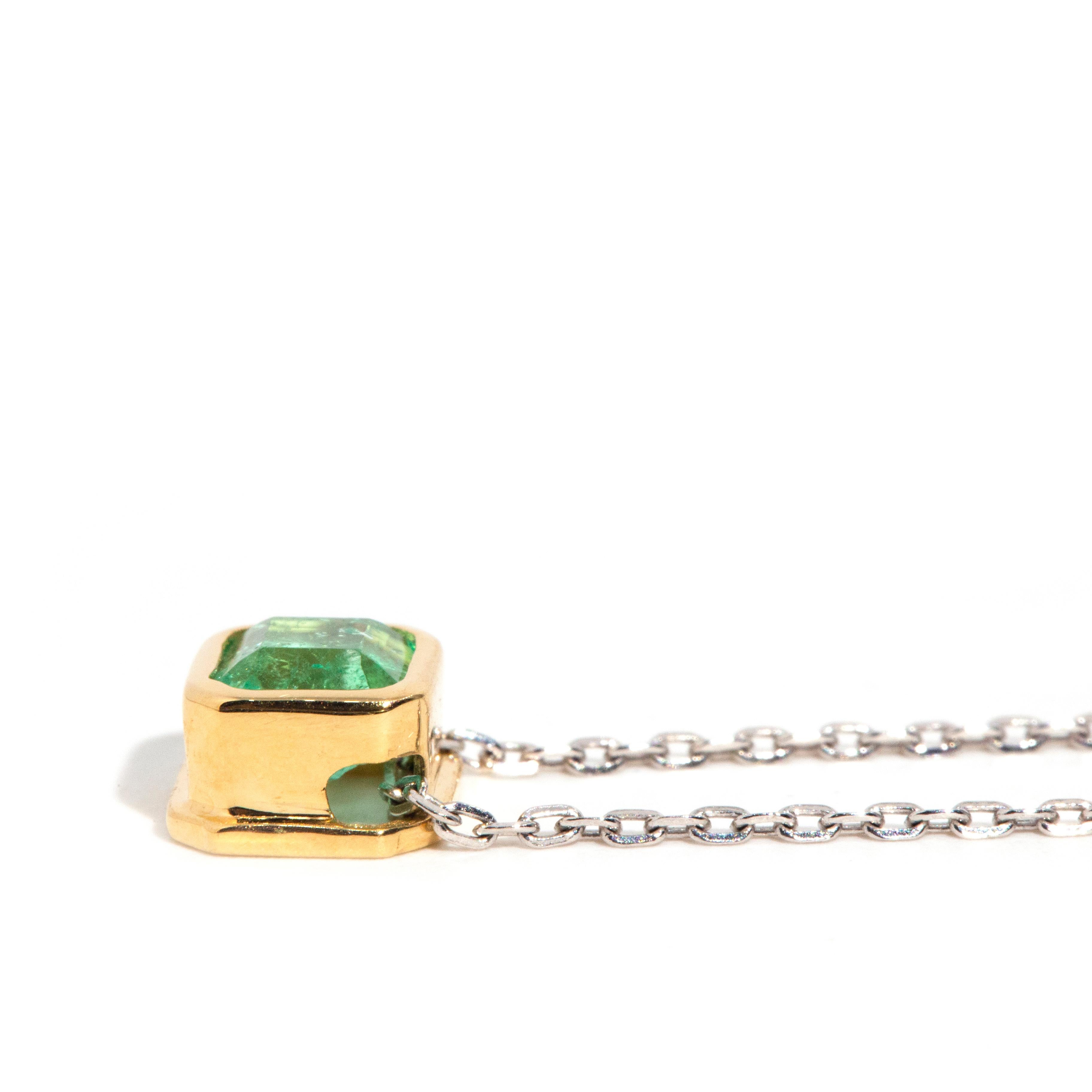 Contemporary Reinvented 18 Carat Yellow Gold Square Emerald Pendant & White Gold Fine Chain For Sale