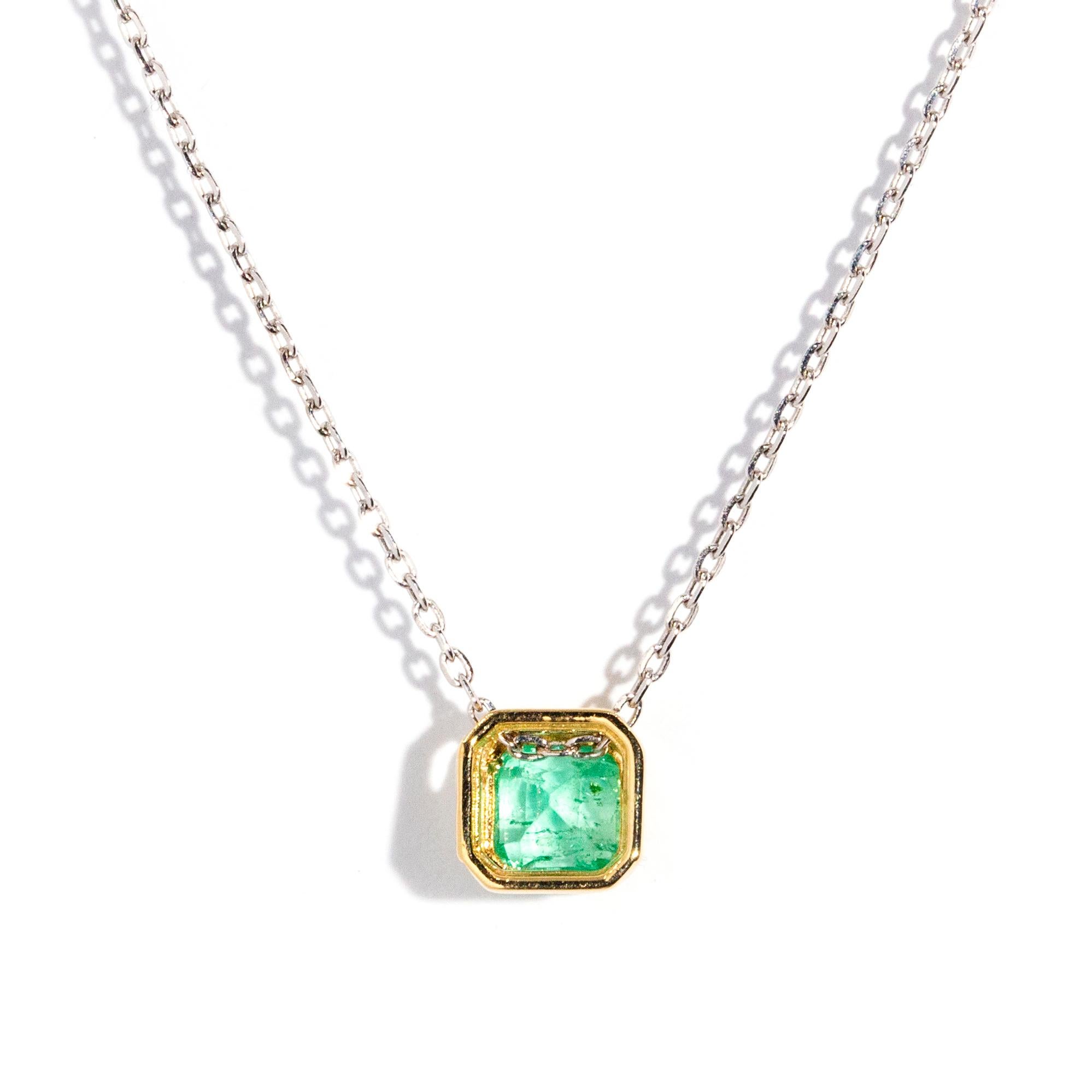 Reinvented 18 Carat Yellow Gold Square Emerald Pendant & White Gold Fine Chain For Sale 1