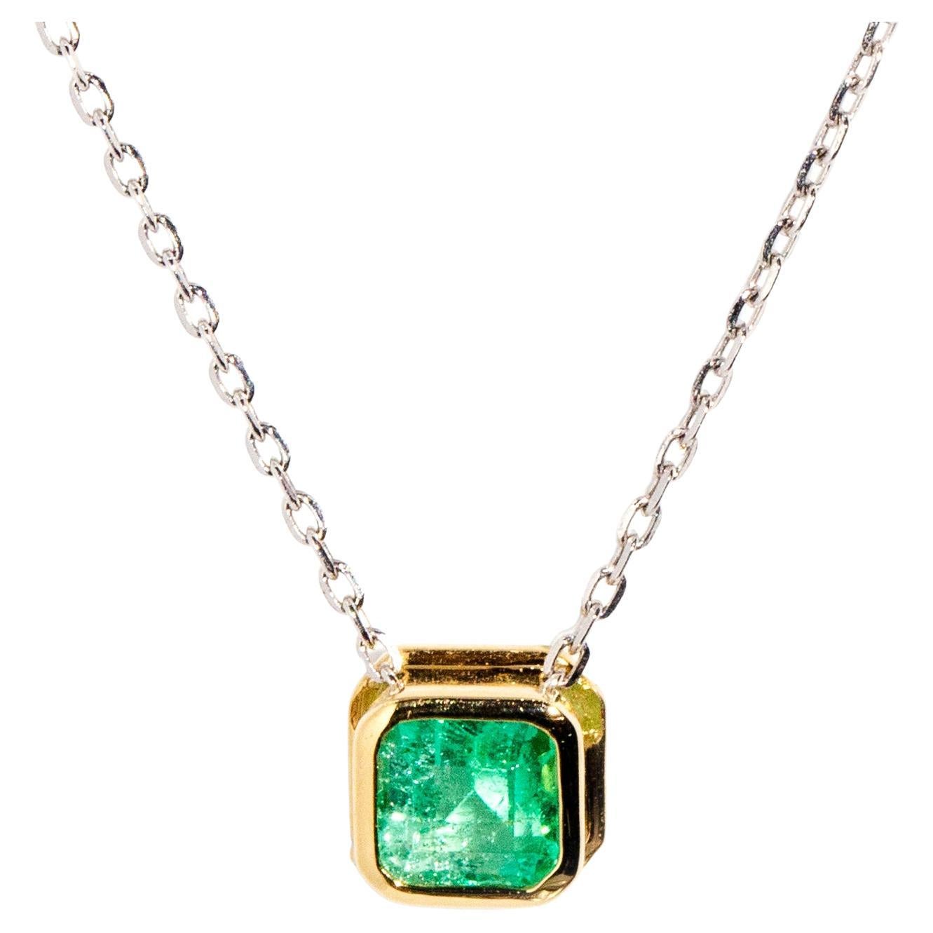 Reinvented 18 Carat Yellow Gold Square Emerald Pendant & White Gold Fine Chain For Sale