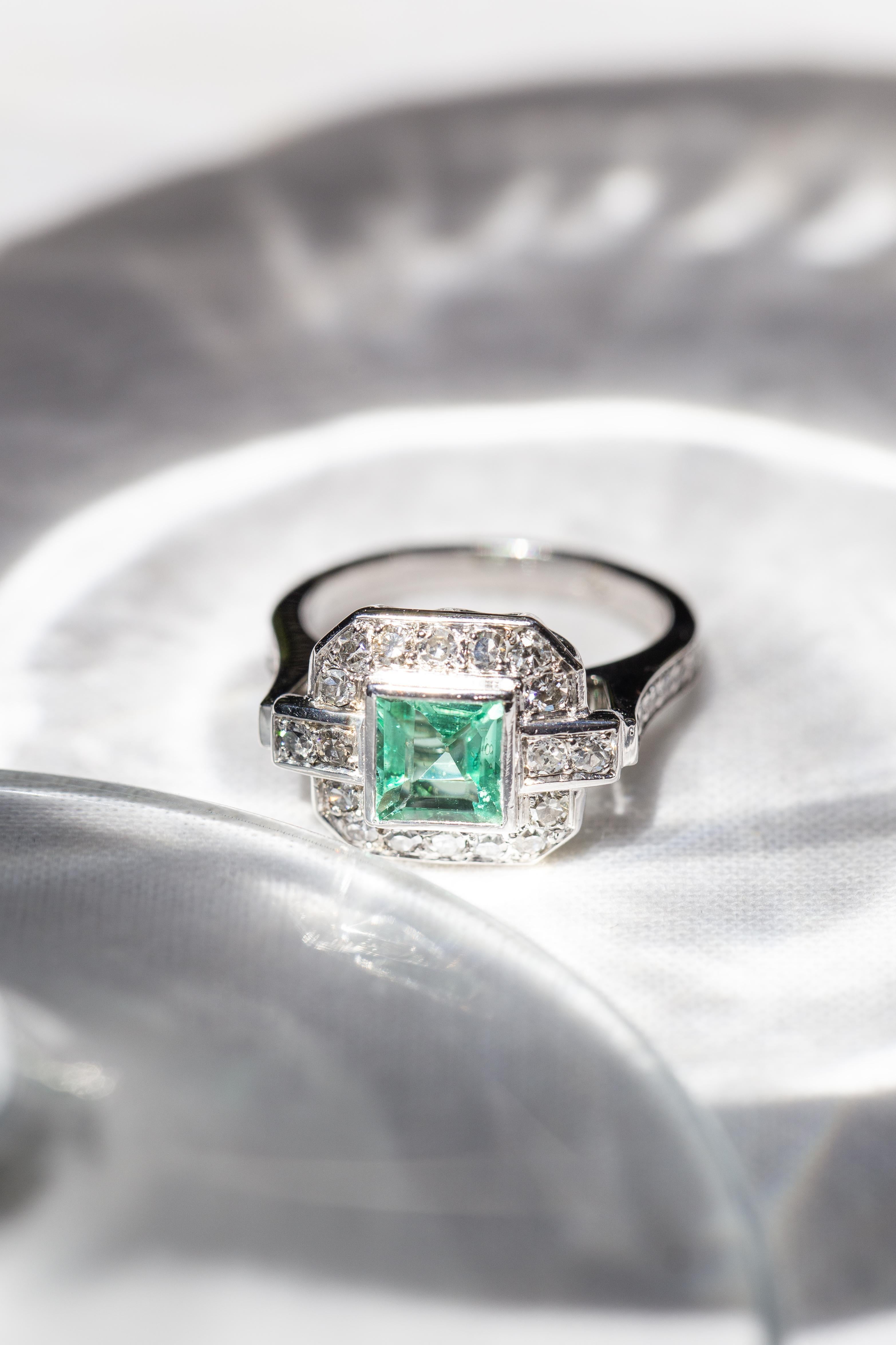 Contemporary Reinvented Antique 0.80 Carat Bright Green Emerald & Diamond Platinum Ring