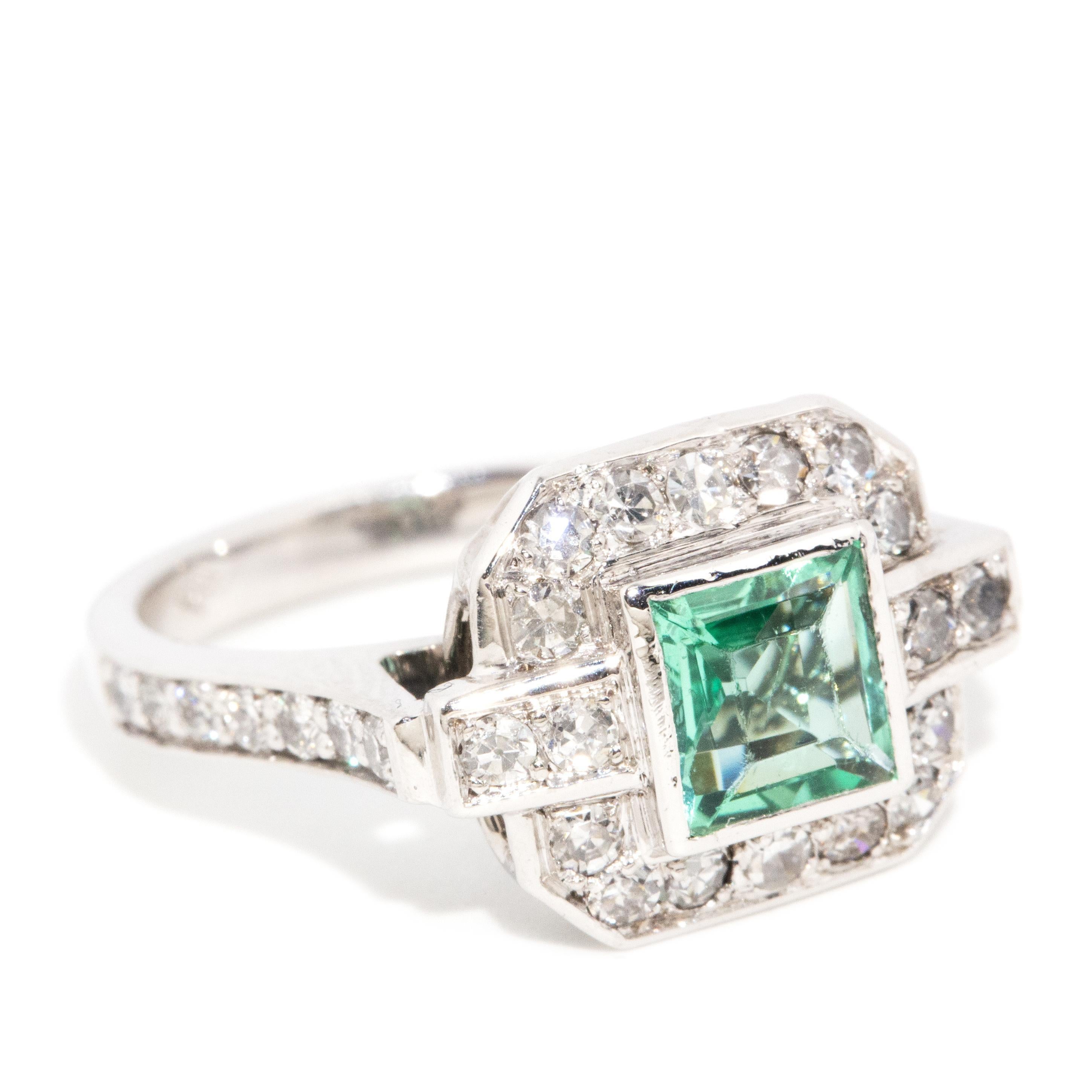 Square Cut Reinvented Antique 0.80 Carat Bright Green Emerald & Diamond Platinum Ring
