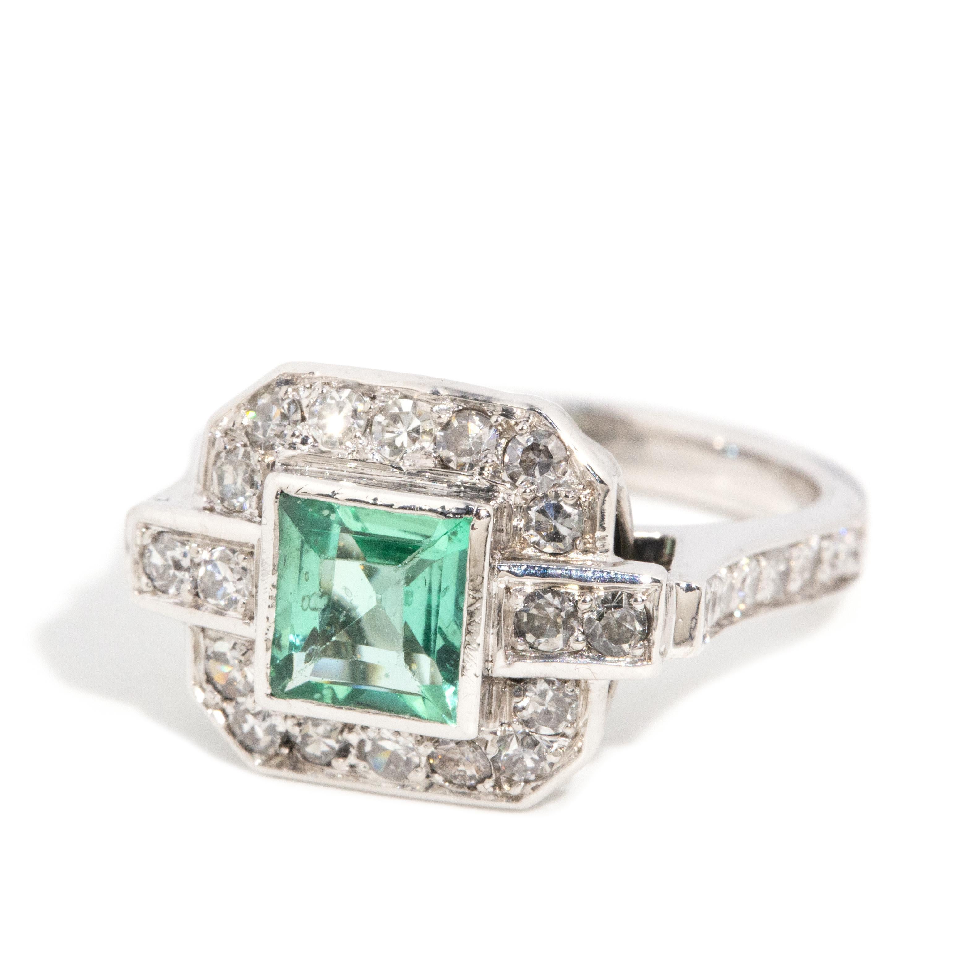 Reinvented Antique 0.80 Carat Bright Green Emerald & Diamond Platinum Ring In New Condition For Sale In Hamilton, AU