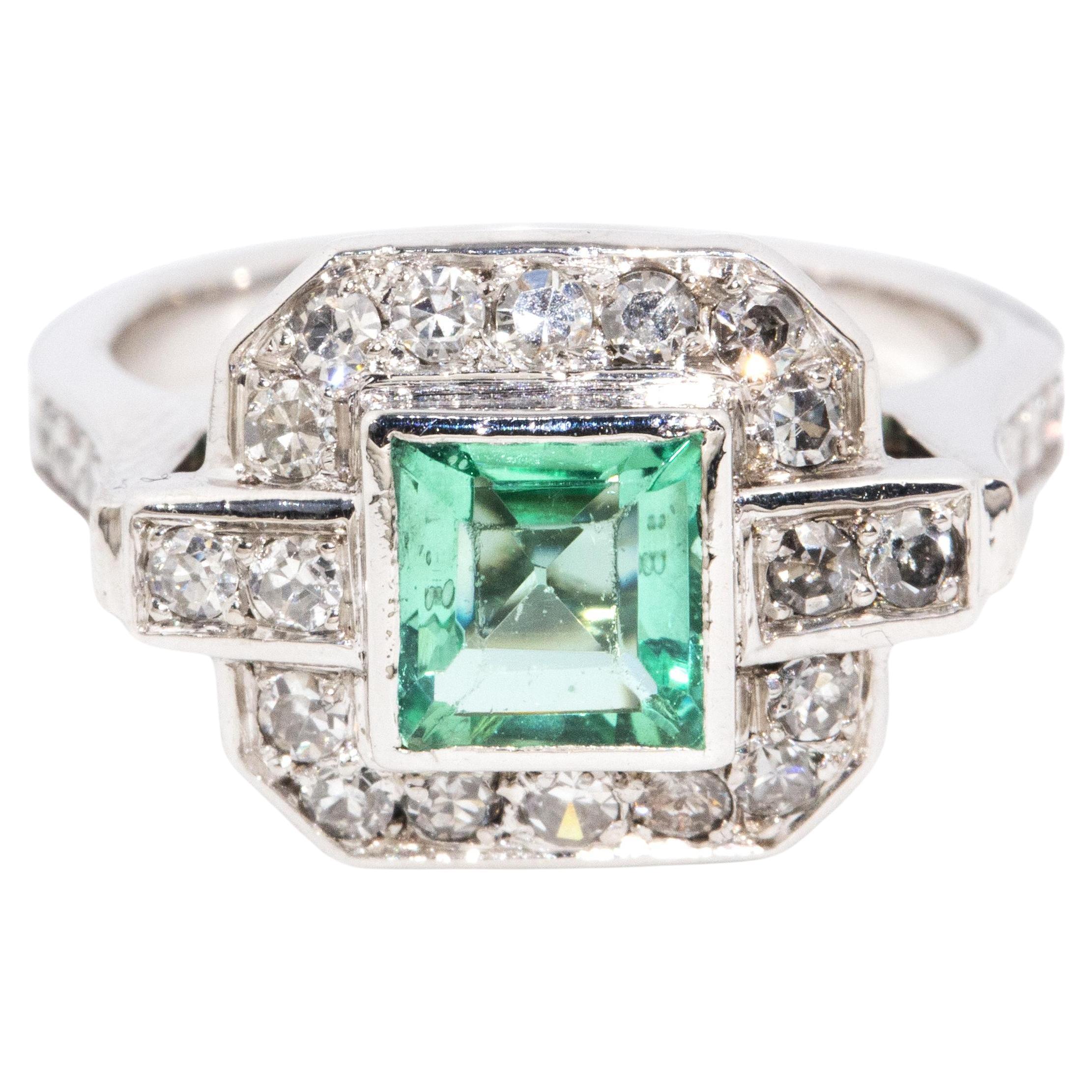 Reinvented Antique 0.80 Carat Bright Green Emerald & Diamond Platinum Ring For Sale
