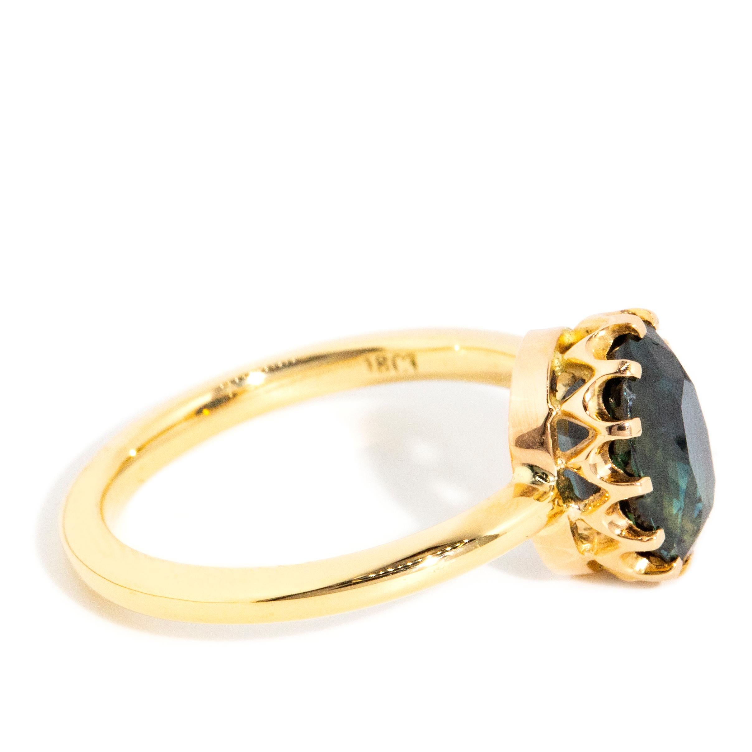 Oval Cut Reinvented Vintage 1930s 3.12 Carat Oval Teal Sapphire Ring 18 Carat Yellow Gold For Sale