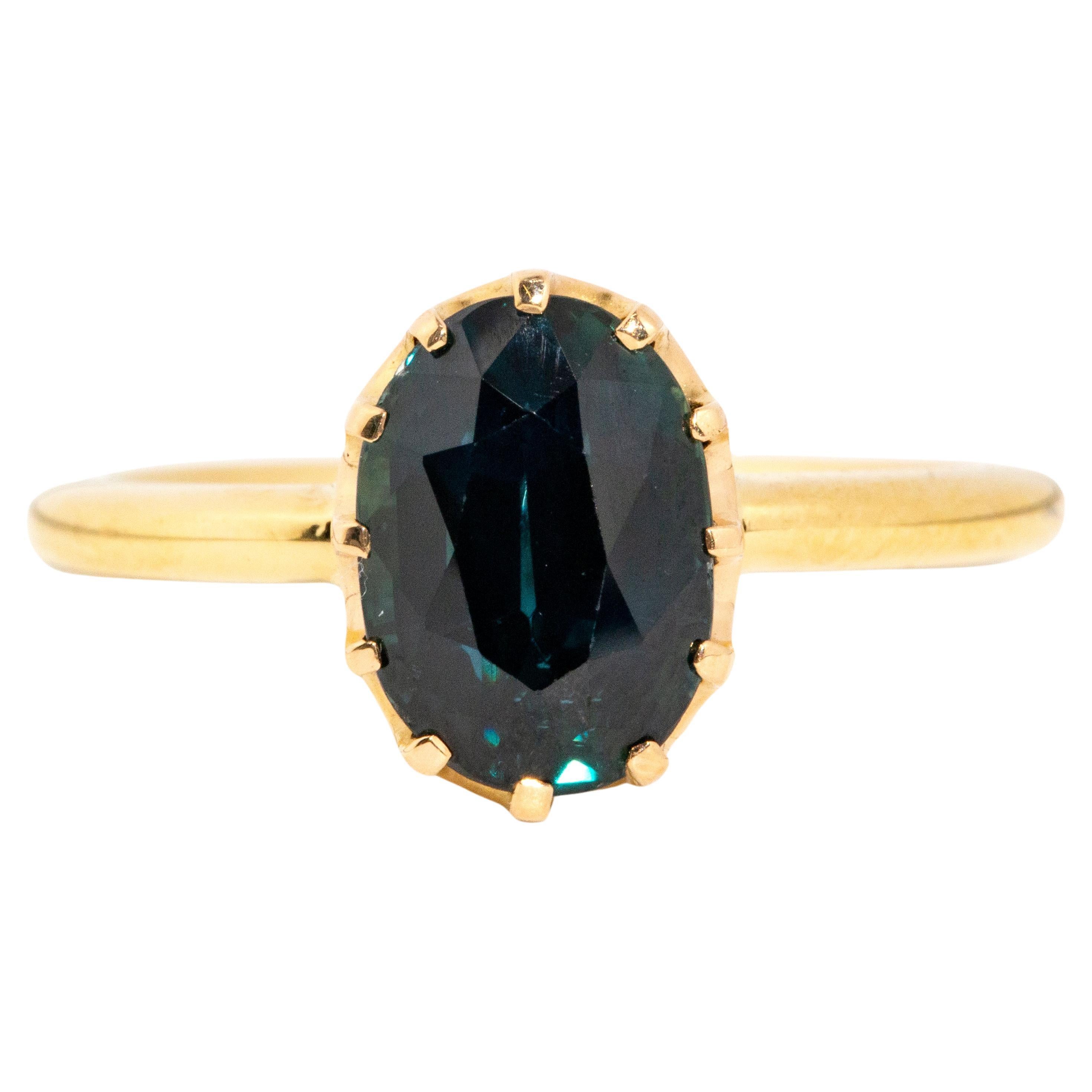 Reinvented Vintage 1930s 3.12 Carat Oval Teal Sapphire Ring 18 Carat Yellow Gold