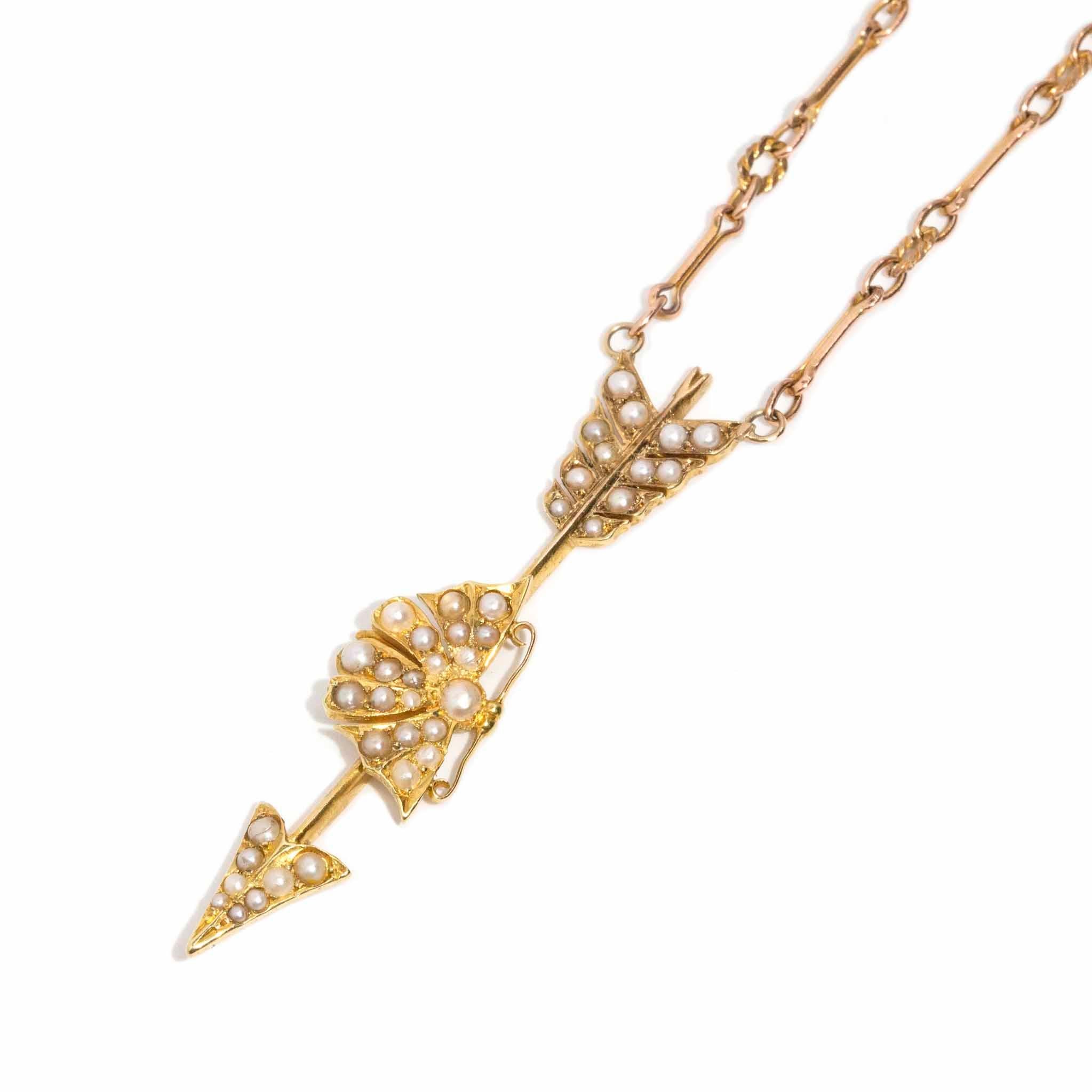 Modern Reinvented Vintage 1960s Seed Pearl Pendant 14 Carat Yellow Gold & 9 Carat Chain For Sale