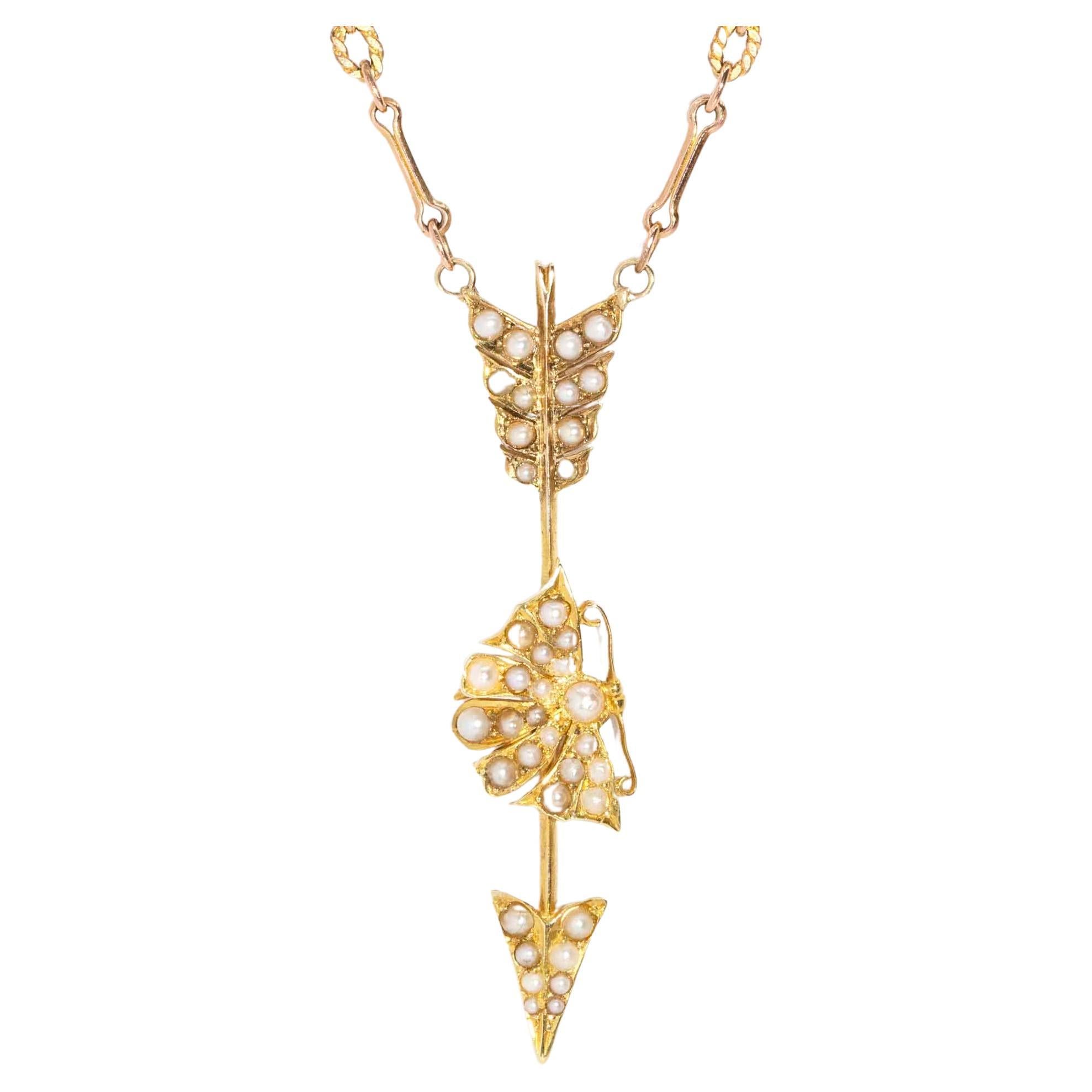 Reinvented Vintage 1960s Seed Pearl Pendant 14 Carat Yellow Gold & 9 Carat Chain For Sale