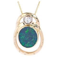 Reinvented Vintage 1980s Black Opal Diamond Pendant & Chain 9 Carat Yellow Gold
