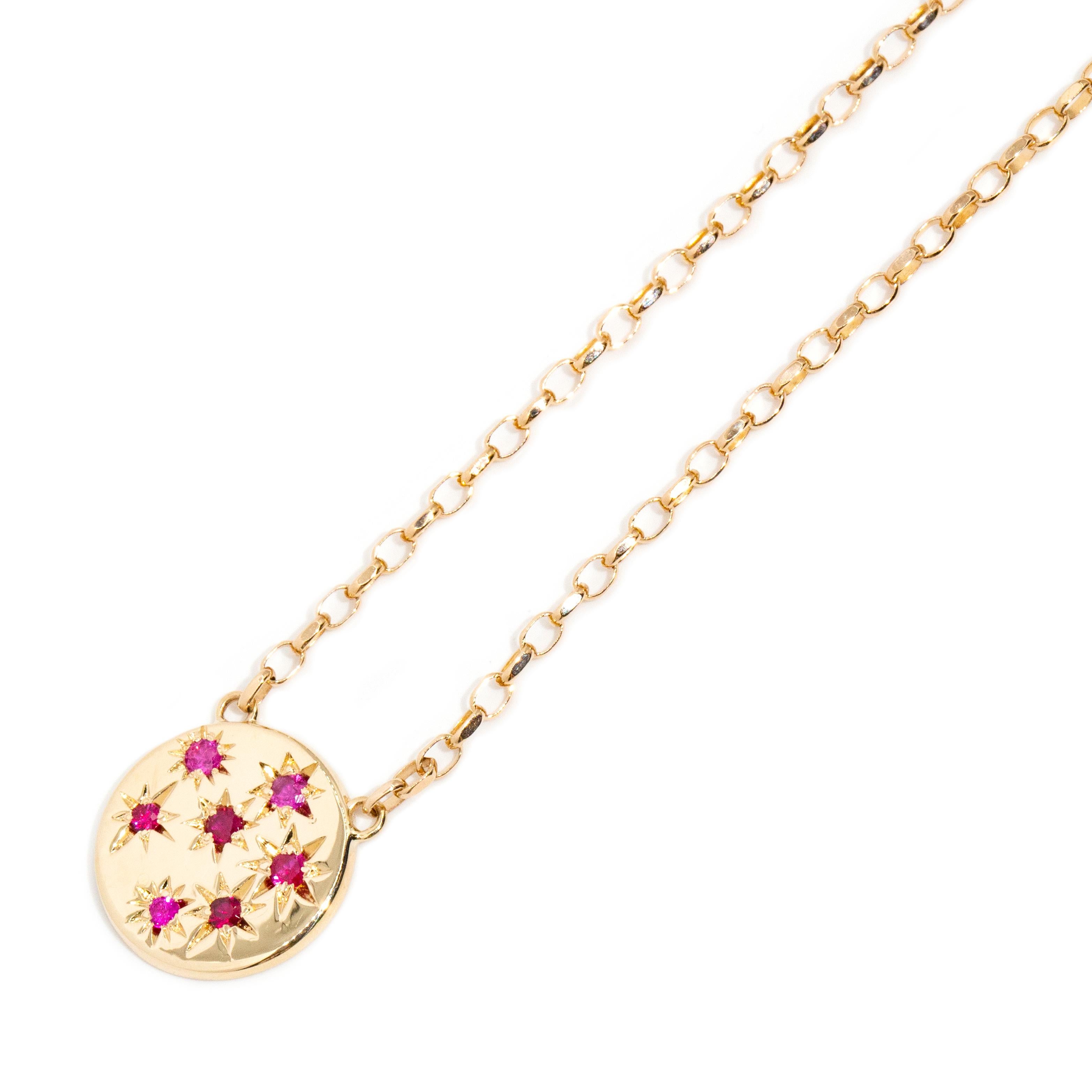 Modern Reinvented Vintage 1980s Bright Red Star Set Ruby Necklet 9 Carat Yellow Gold For Sale