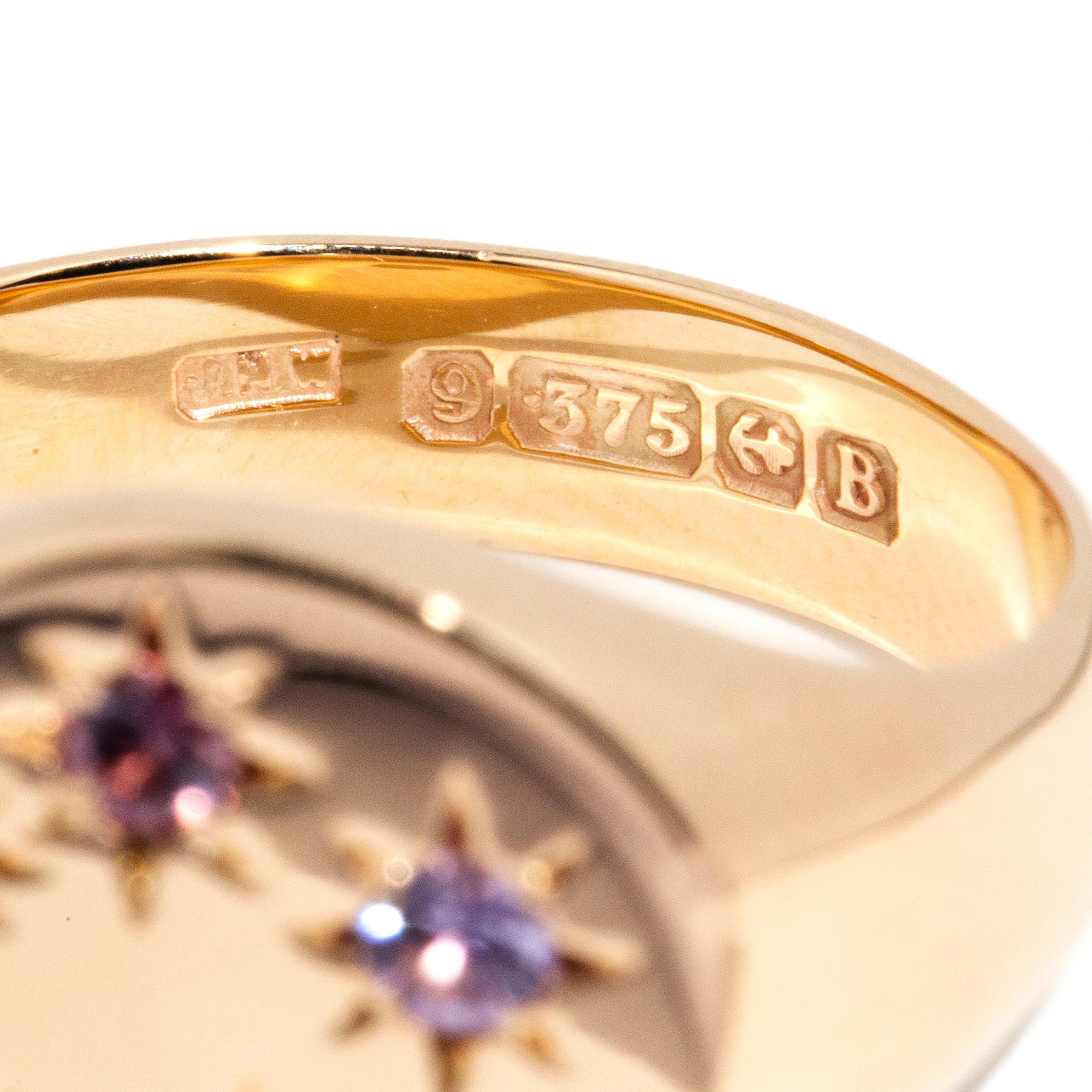Reinvented Vintage 1980s Sapphire & Diamond Round Signet Ring 9 Carat Gold 9