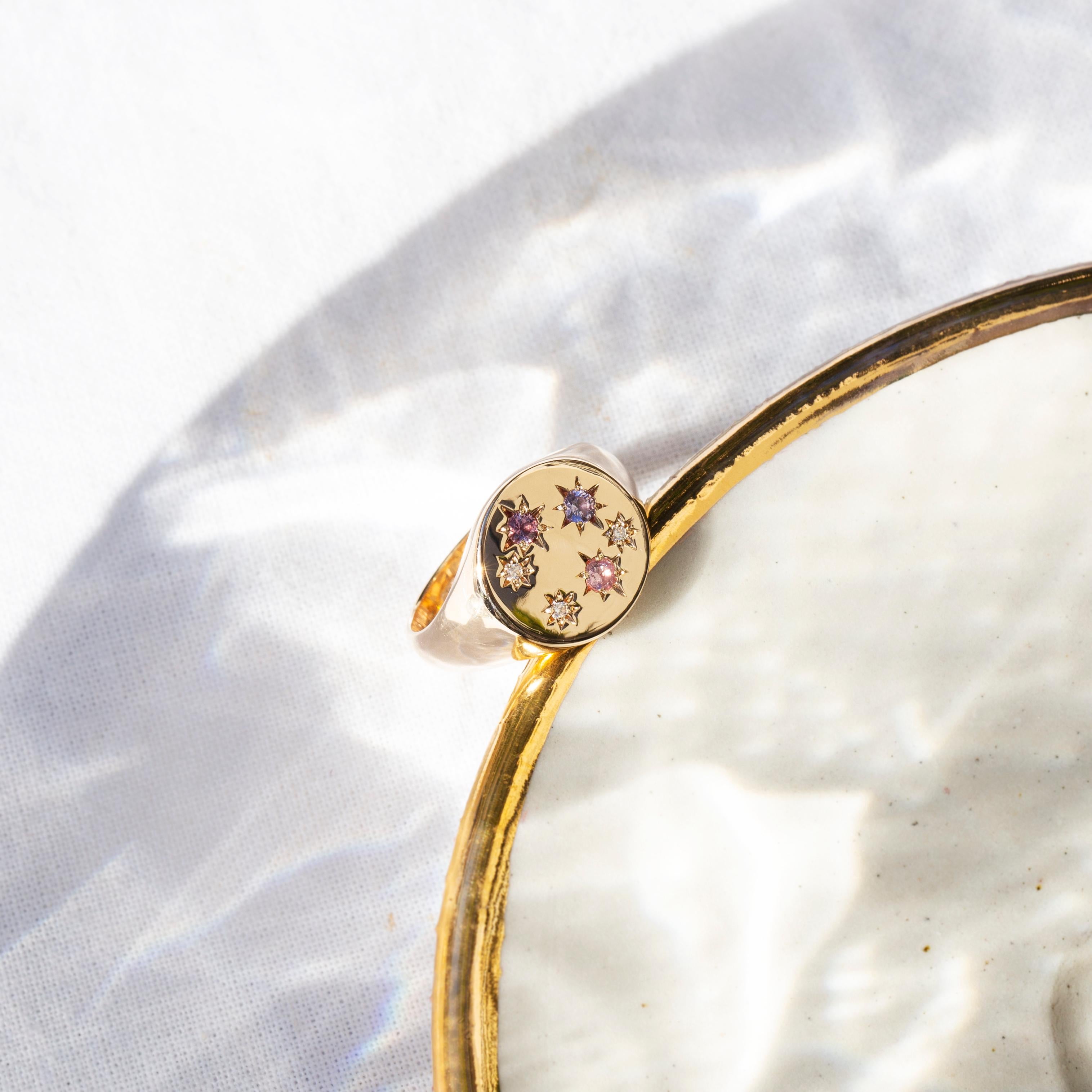 Reinvented Vintage 1980s Sapphire & Diamond Round Signet Ring 9 Carat Gold 11