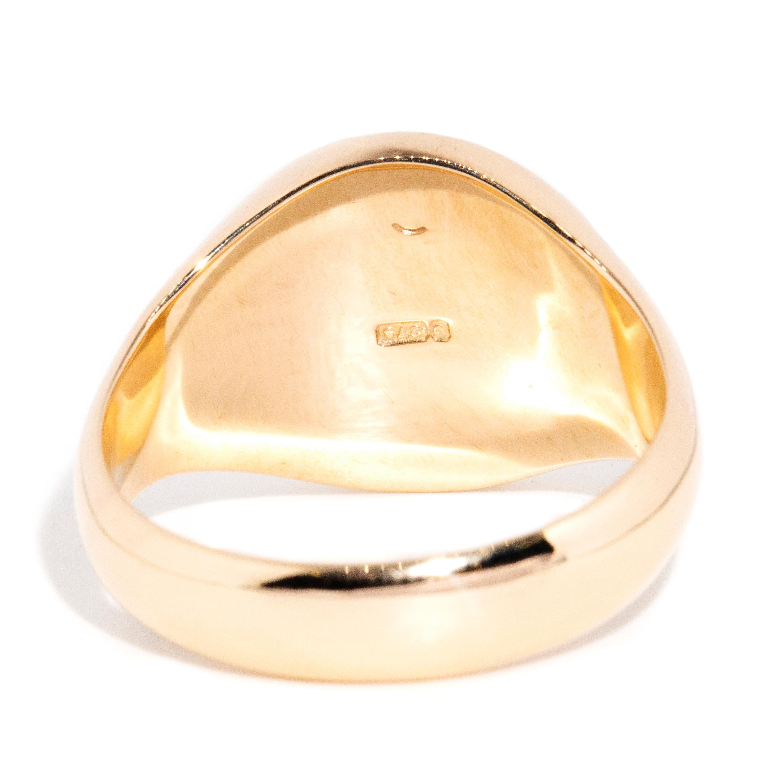 Reinvented Vintage 1980s Sapphire & Diamond Round Signet Ring 9 Carat Gold 12