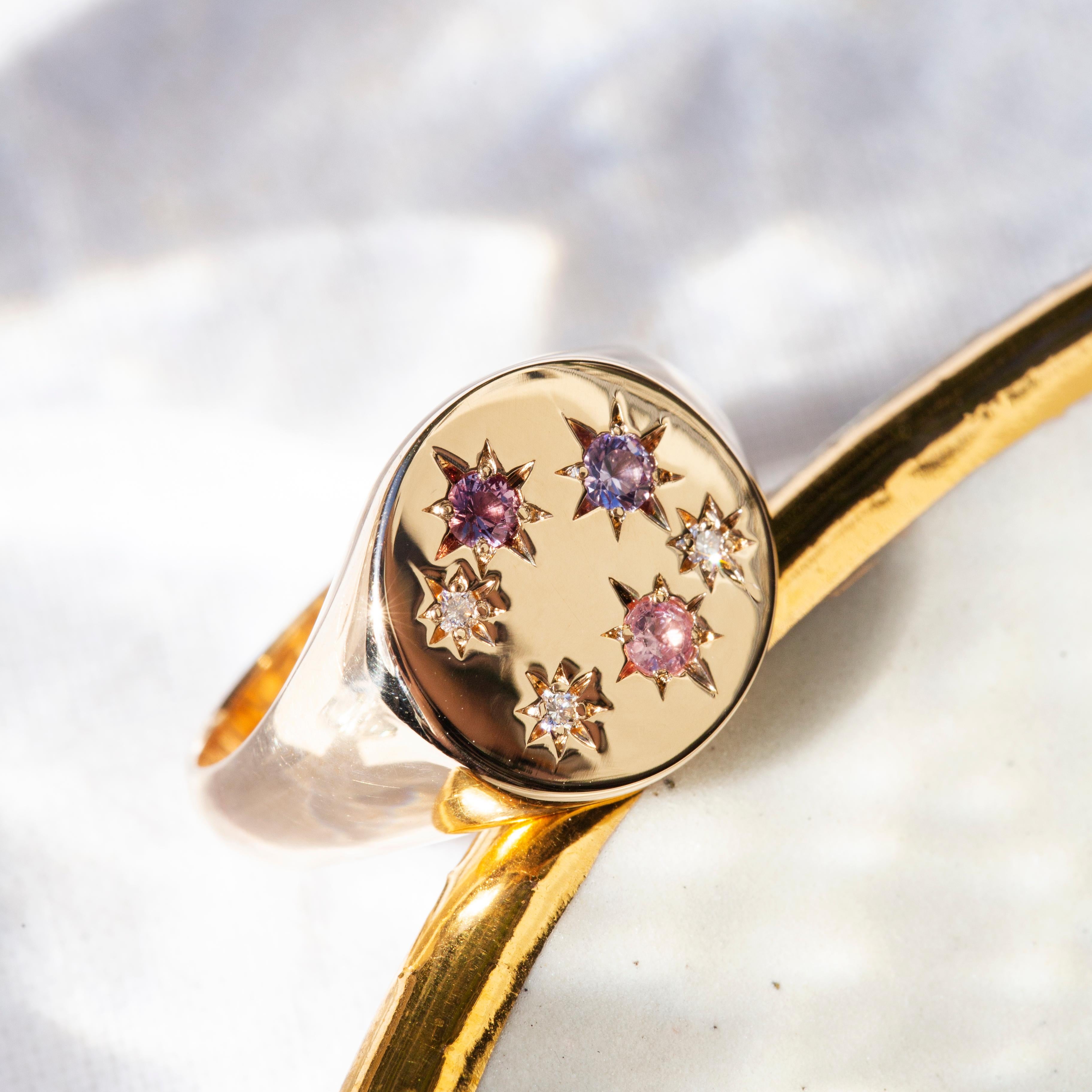 Modern Reinvented Vintage 1980s Sapphire & Diamond Round Signet Ring 9 Carat Gold