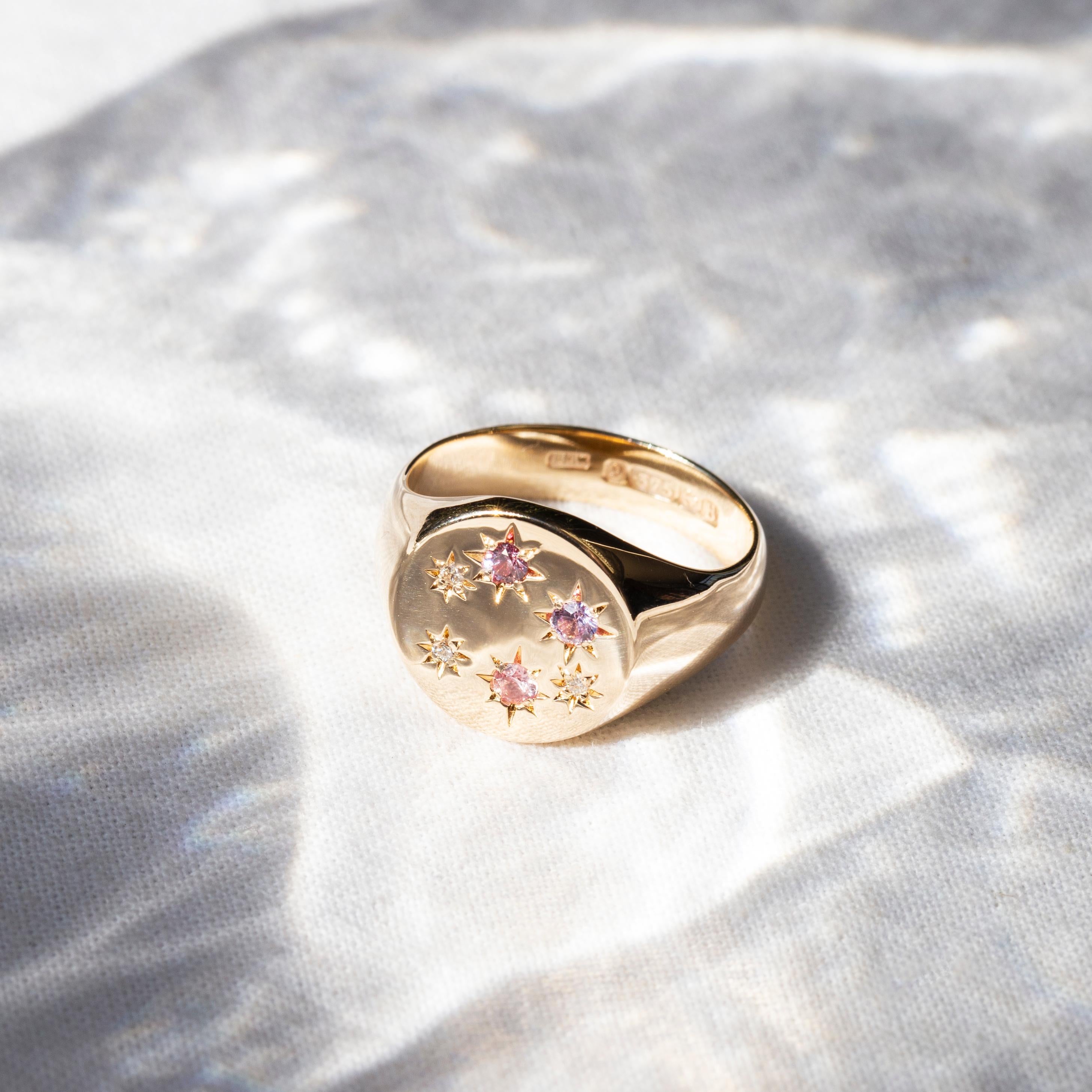 Round Cut Reinvented Vintage 1980s Sapphire & Diamond Round Signet Ring 9 Carat Gold