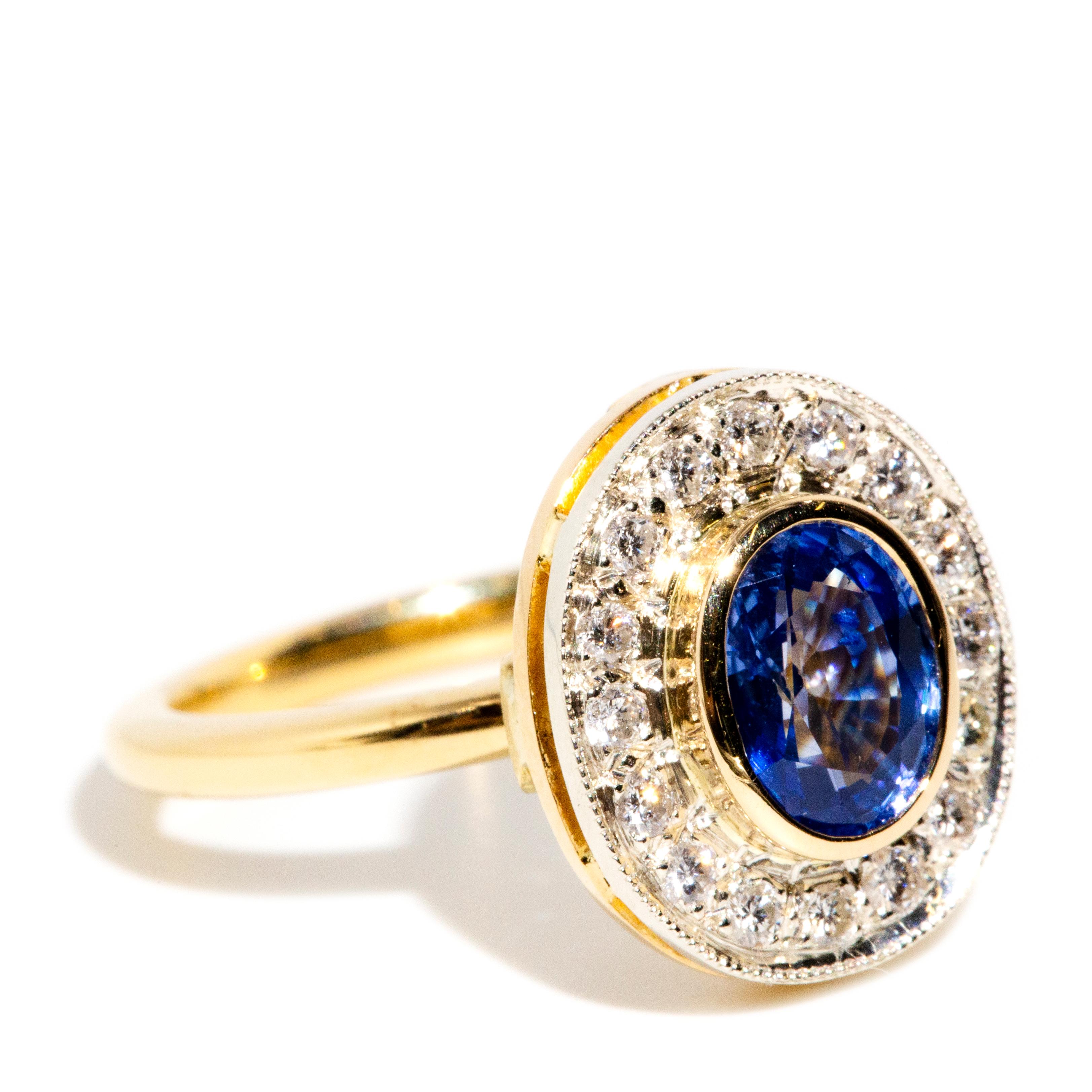 Modern Reinvented Vintage Circa 1980s Sapphire & Diamond Halo Ring 18 Carat Yellow Gold For Sale
