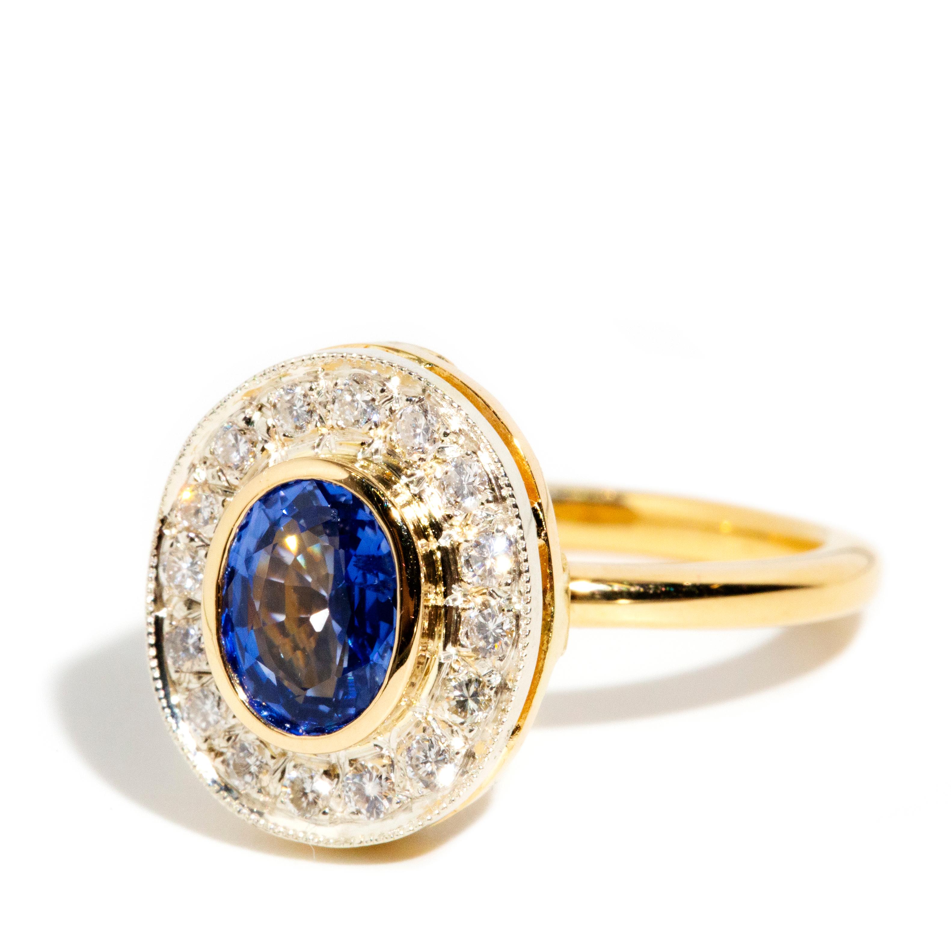 Oval Cut Reinvented Vintage Circa 1980s Sapphire & Diamond Halo Ring 18 Carat Yellow Gold For Sale