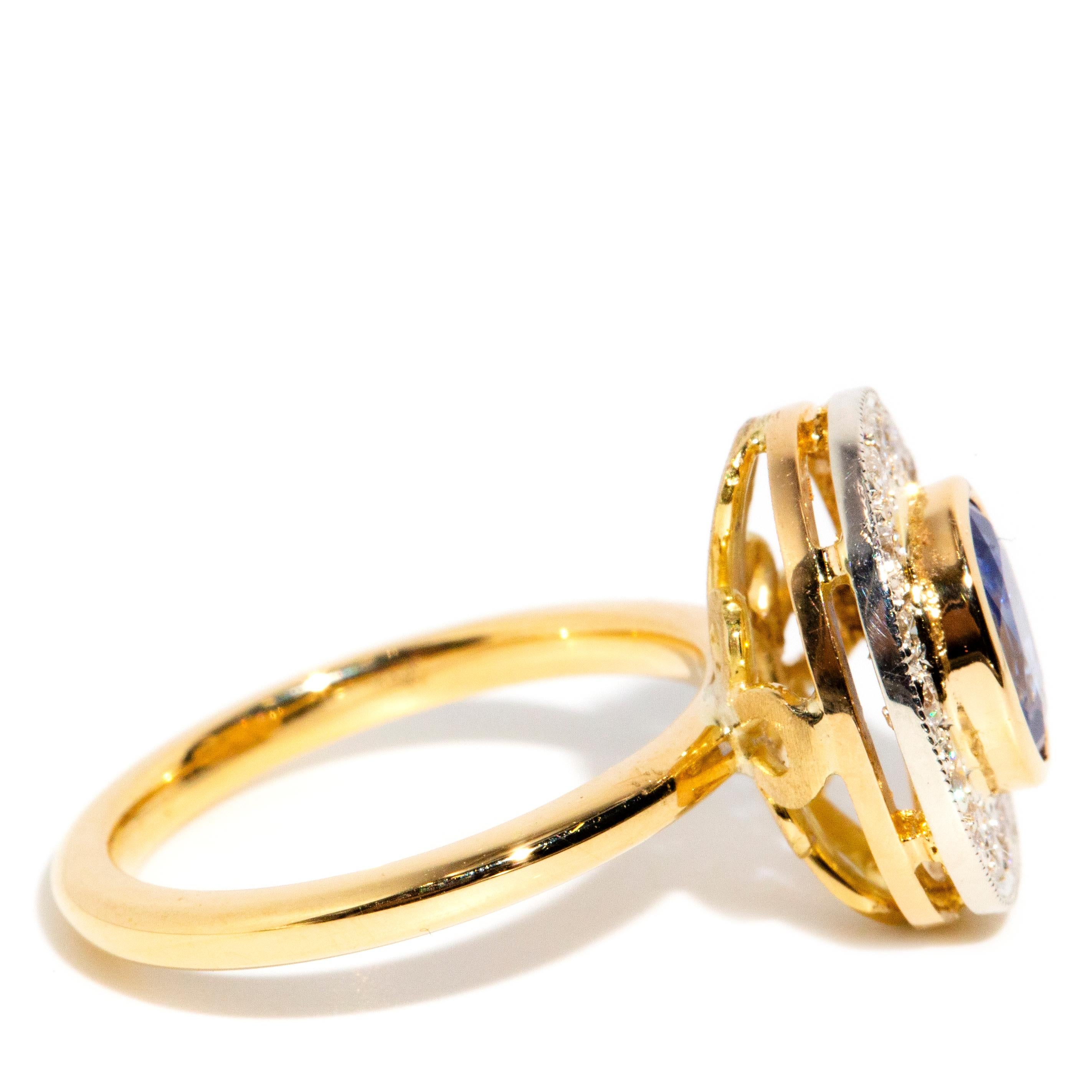 Women's or Men's Reinvented Vintage Circa 1980s Sapphire & Diamond Halo Ring 18 Carat Yellow Gold For Sale