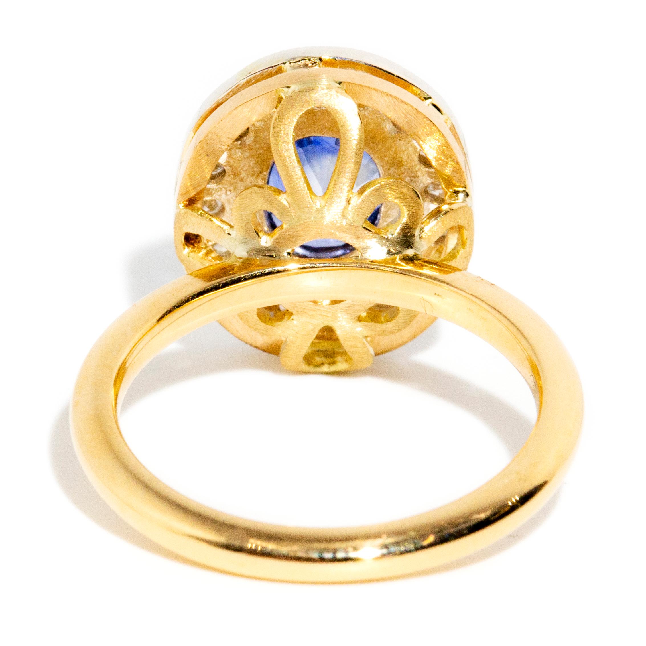 Reinvented Vintage Circa 1980s Sapphire & Diamond Halo Ring 18 Carat Yellow Gold For Sale 1