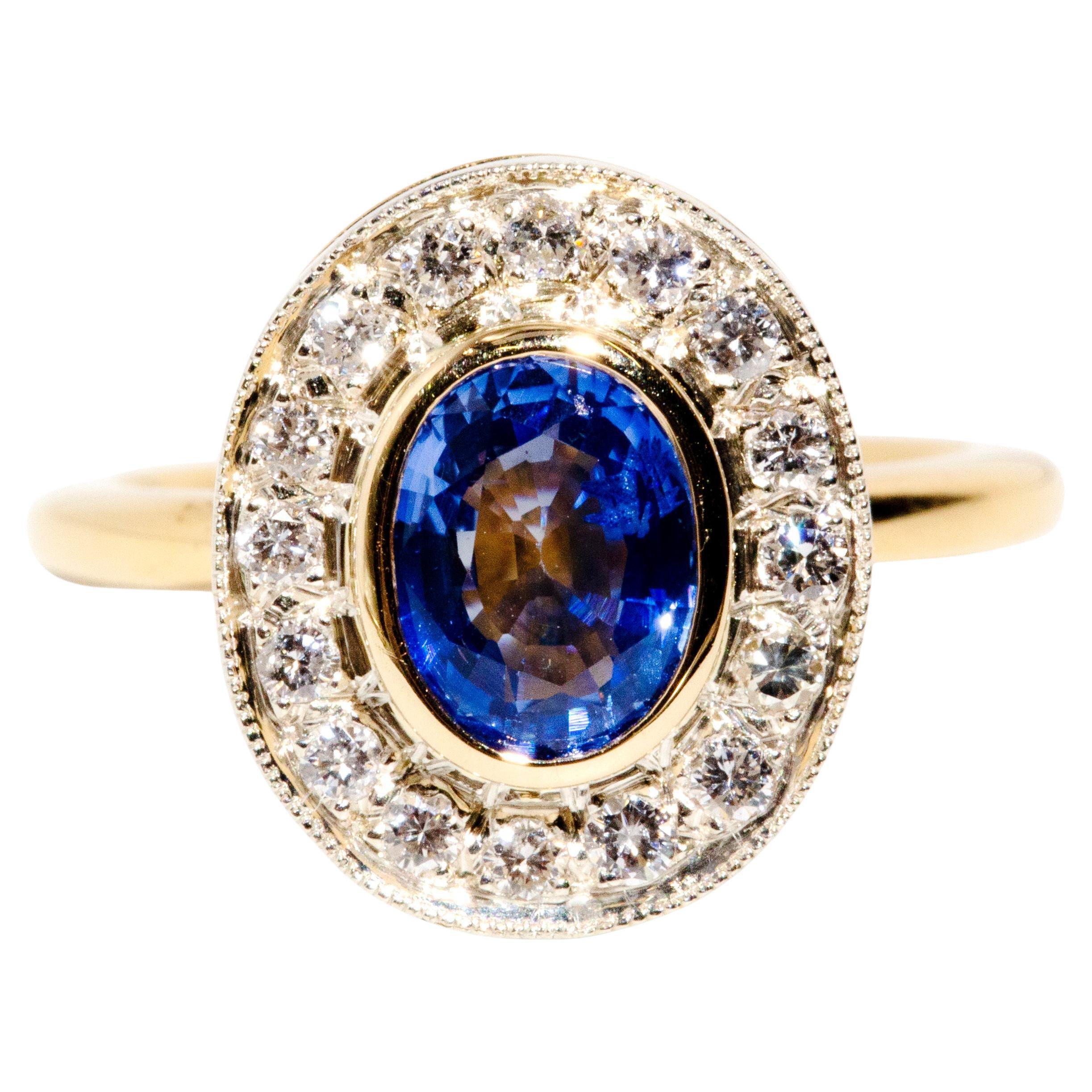 Reinvented Vintage Circa 1980s Sapphire & Diamond Halo Ring 18 Carat Yellow Gold For Sale