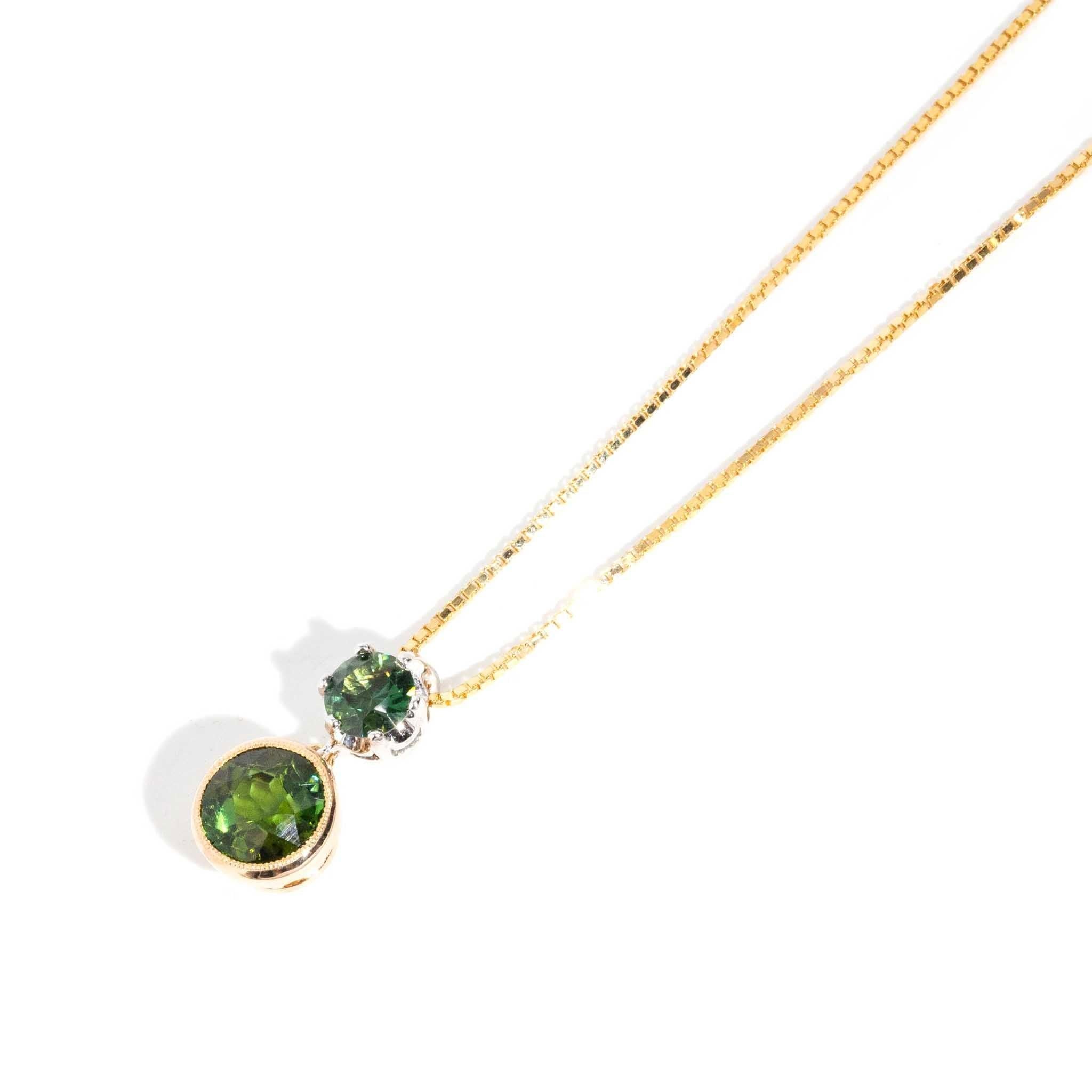 Women's Reinvented Vintage Deep Green Sapphire Pendant 15 & 18 Carat with Chain For Sale