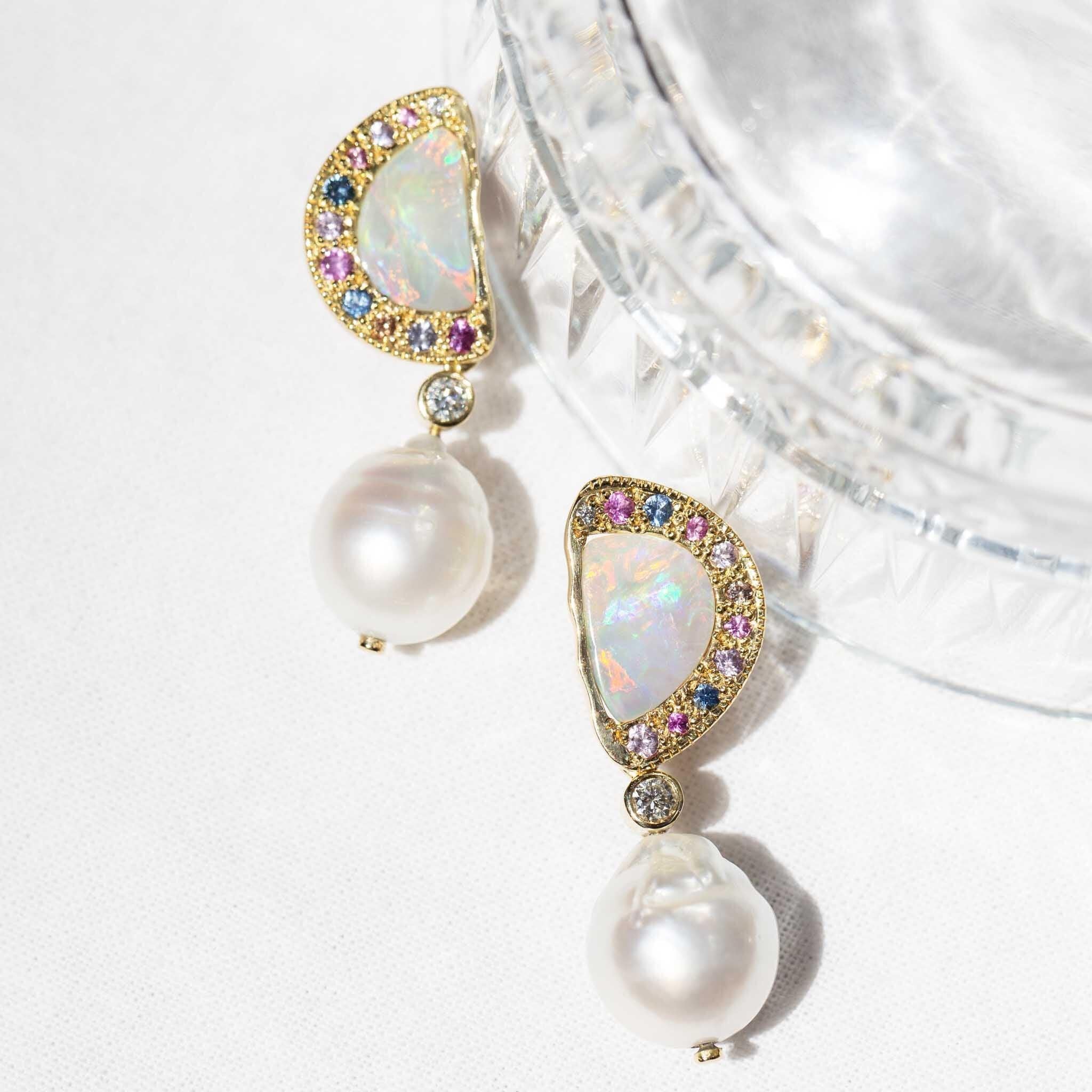 Modern Reinvented Vintage Opal Pearl Diamond & Sapphire Earrings 18 Carat Gold For Sale