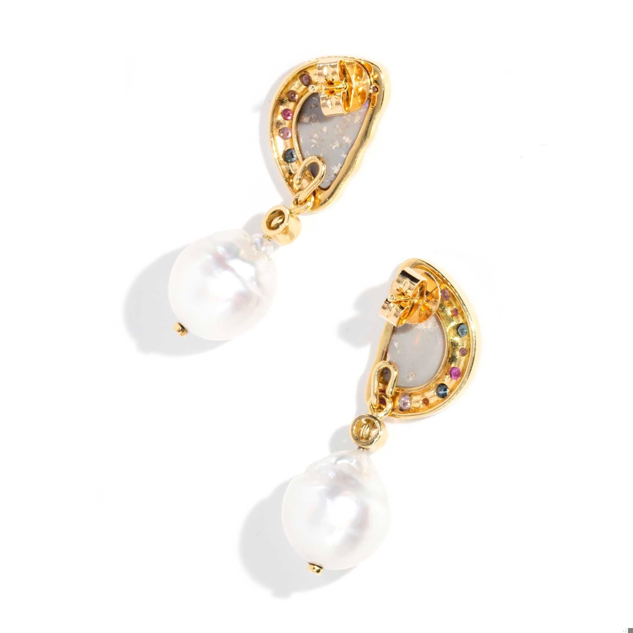 Reinvented Vintage Opal Pearl Diamond & Sapphire Earrings 18 Carat Gold In Good Condition For Sale In Hamilton, AU
