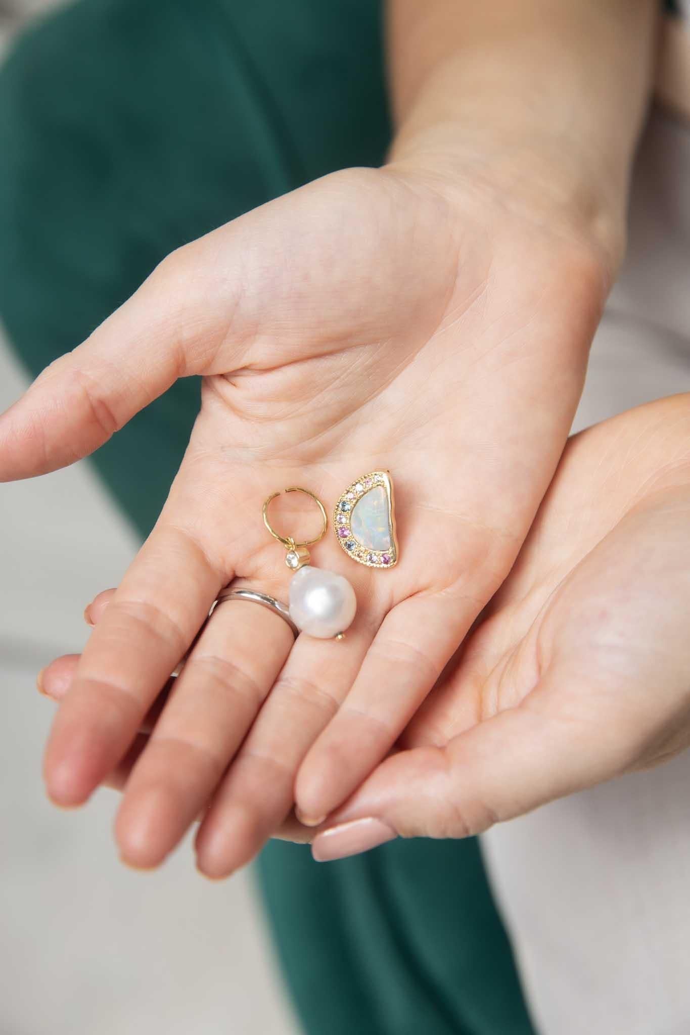 Women's Reinvented Vintage Opal Pearl Diamond & Sapphire Earrings 18 Carat Gold For Sale