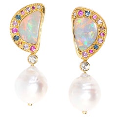 Reinventierte Vintage Opal-Perlen-Diamant- und Saphir-Ohrringe 18 Karat Gold